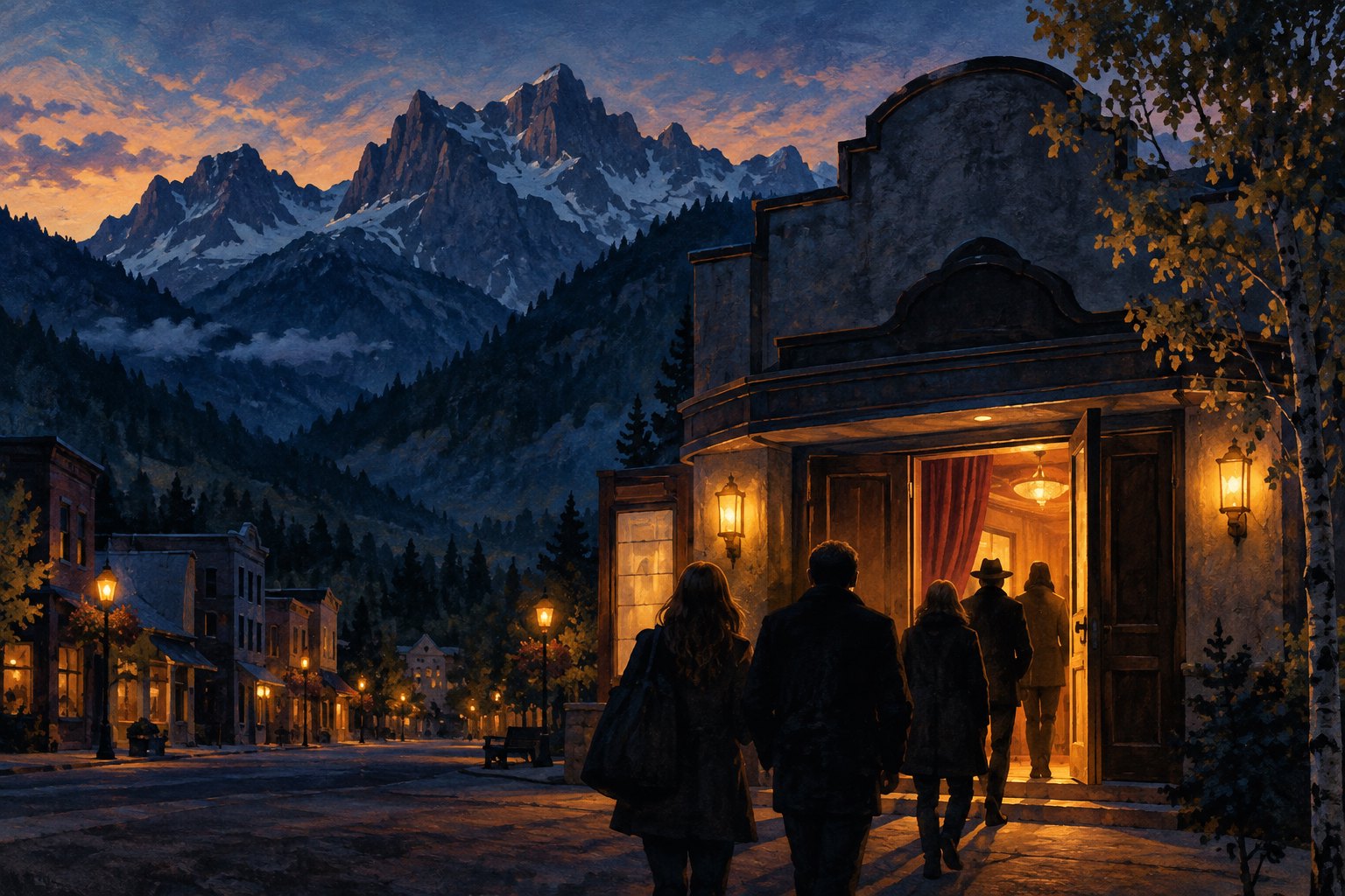 Conceptual illustration of moviegoers approaching a warmly lit mountain-town cinema at dusk.