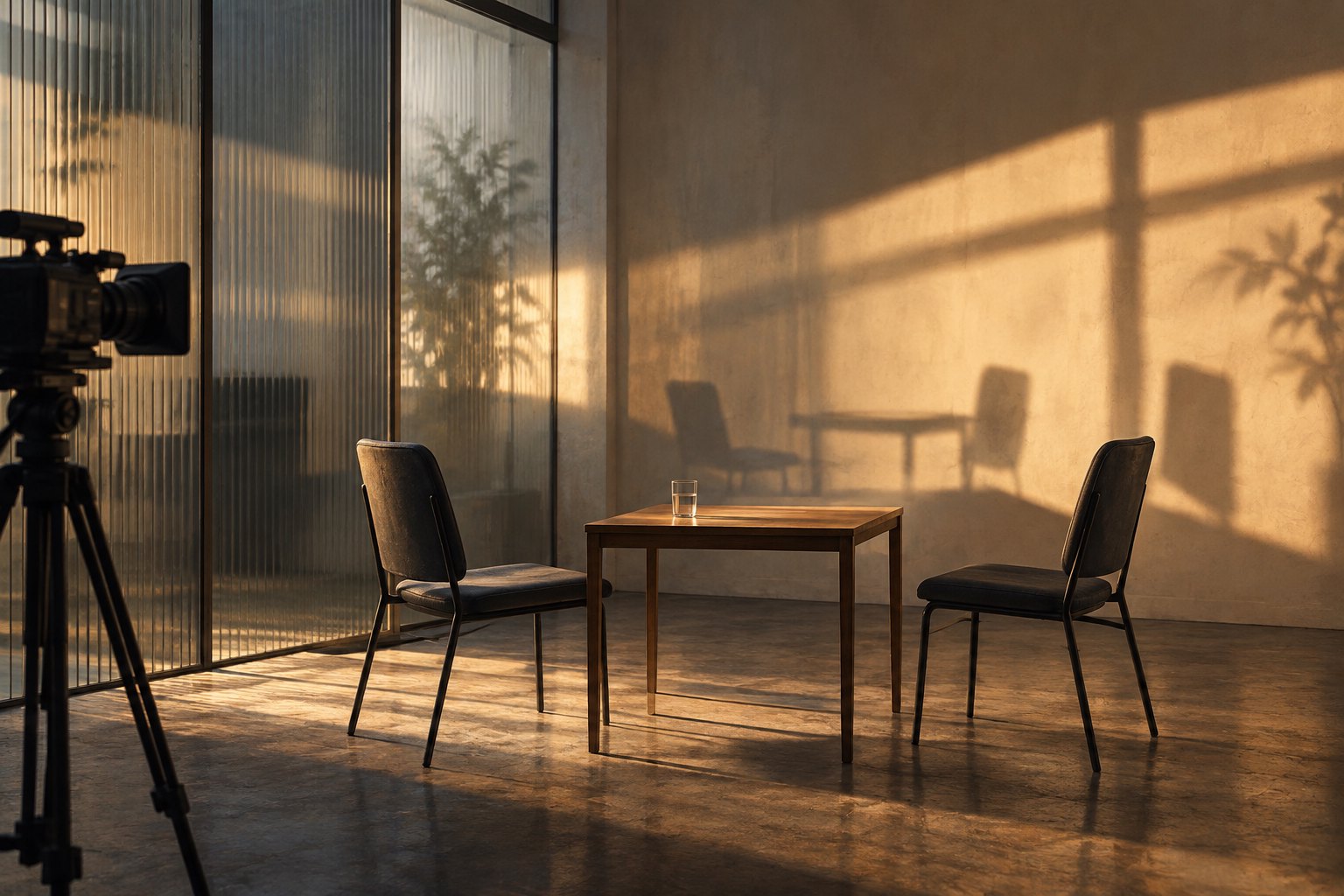 Conceptual illustration of two empty interview chairs beside a camera and glass partition casting shadows across a sunlit room.