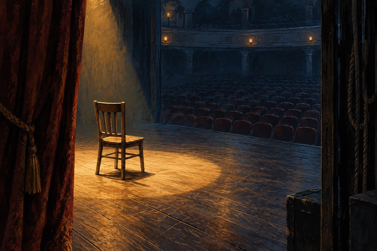 Painterly illustration of an empty wooden chair illuminated on a theater stage, viewed from the dark wings.