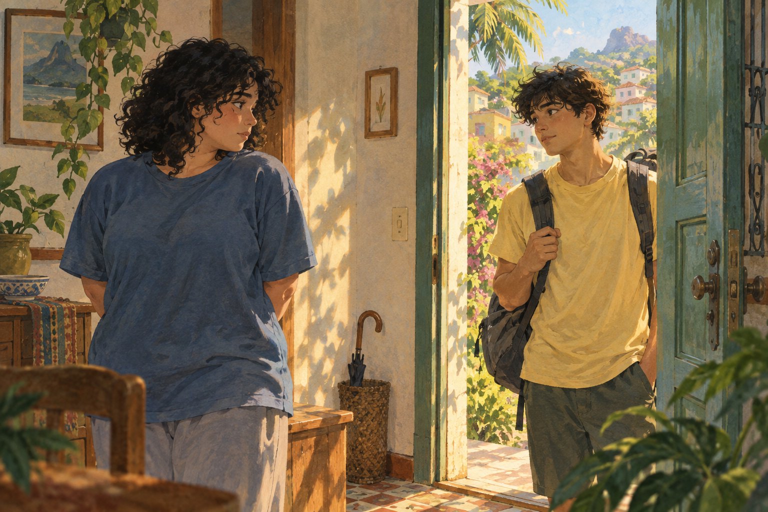 原创意境插画:夏日住宅门口,穿蓝色上衣的丰满青年与背着旅行包的青年相互望向对方