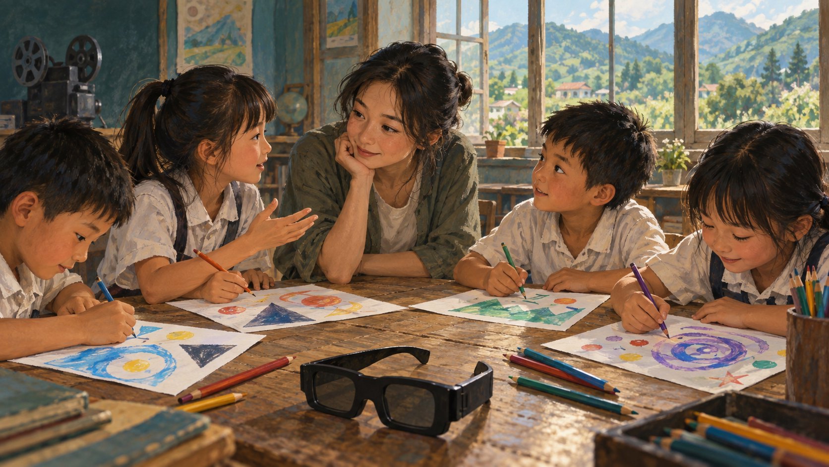 學童在老師陪伴下畫出觀影想法,桌上放著3D眼鏡,為映後活動概念示意插畫