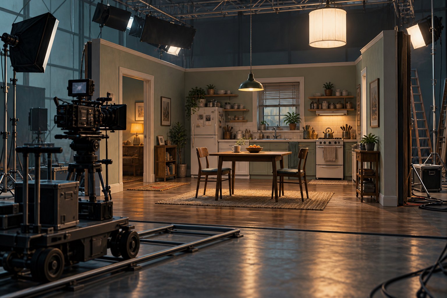 Conceptual illustration of an apartment set inside a soundstage, with two chairs, a cinema camera, and overhead lighting.