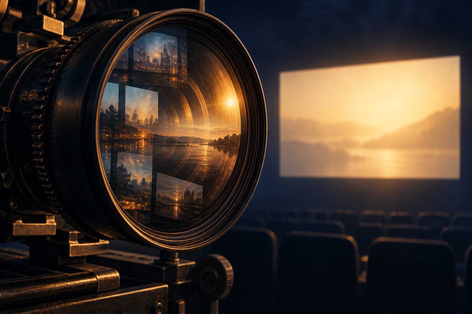 Conceptual illustration of a cinema camera lens reflecting layered landscapes beside a glowing theater screen.