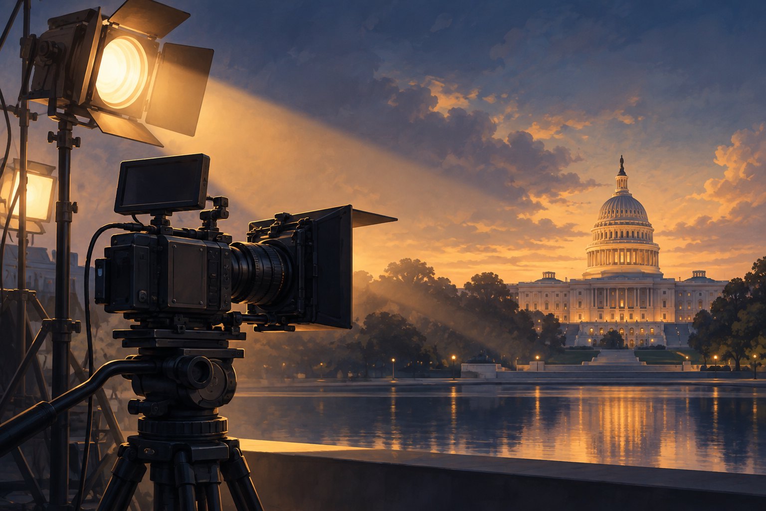 Conceptual illustration of a cinema camera and studio light overlooking the U.S. Capitol at dusk.