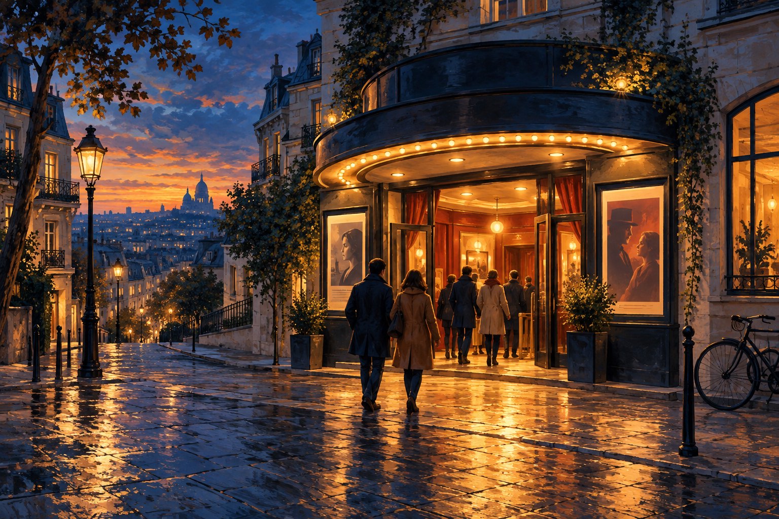 Painterly illustration of moviegoers approaching a warmly lit French neighborhood cinema at dusk.