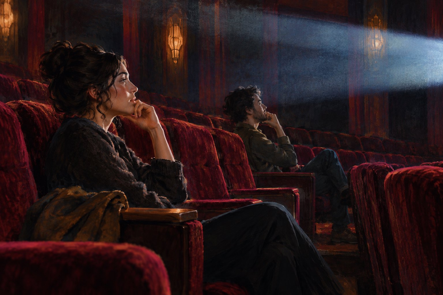 Painterly illustration of two thoughtful viewers seated in burgundy cinema chairs beneath a beam of projection light.