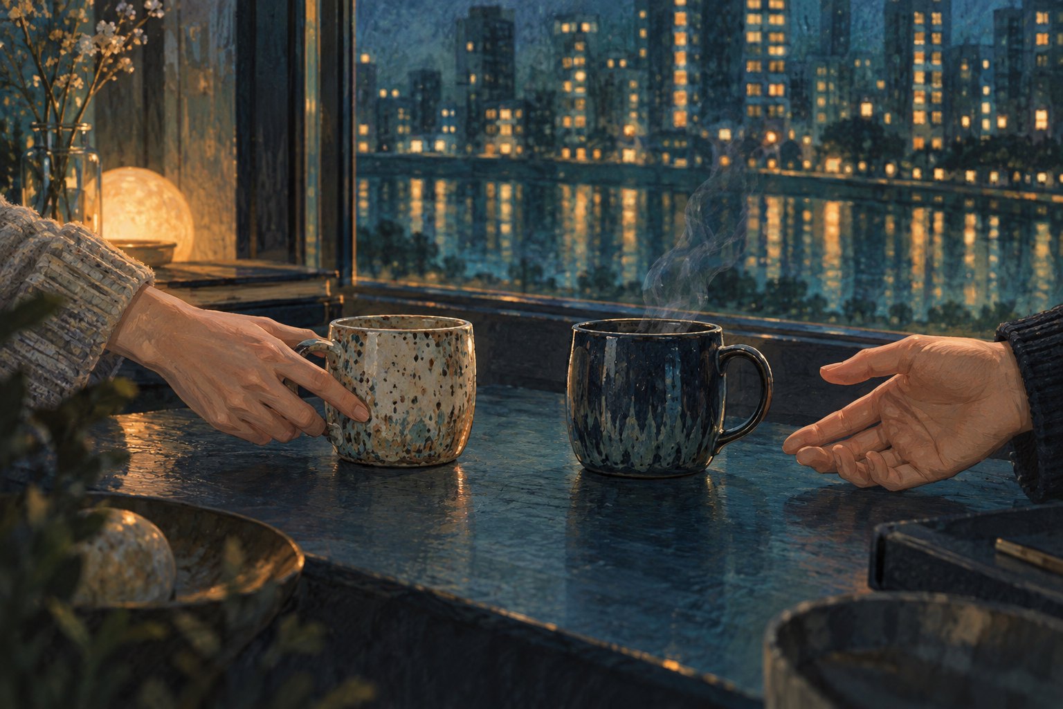 原创概念插画:夜色窗边的两只不同釉色陶瓷杯与伸来的双手,映衬城市灯光