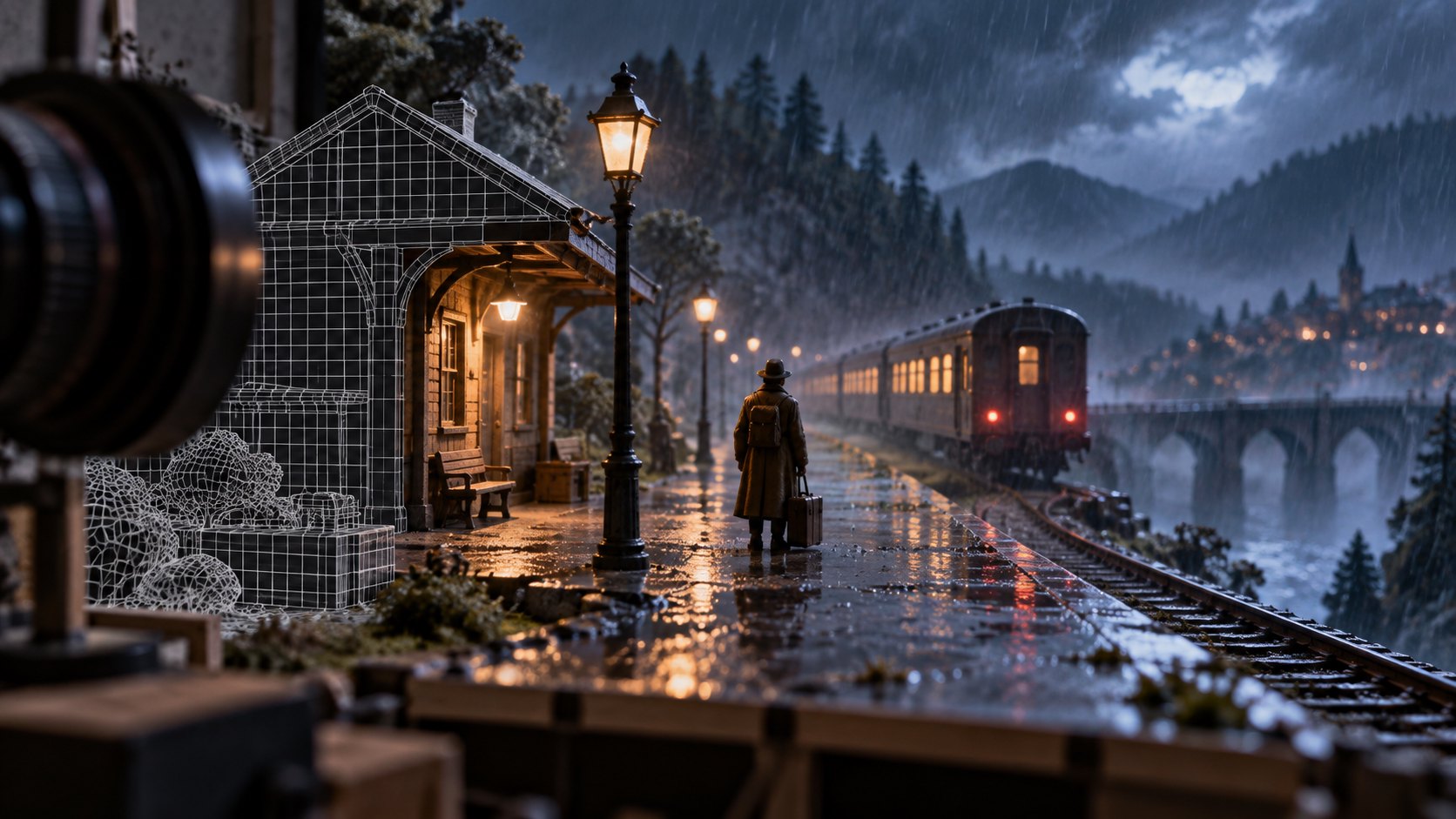 雨夜月台上的虛構旅人望向遠去列車,微縮場景與線框呈現特效如何襯托人物情緒,非電影劇照。