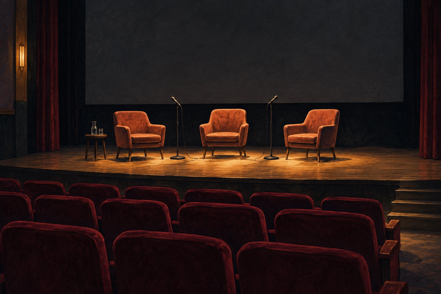 Painterly illustration of three empty chairs and two microphones on a cinema stage facing rows of burgundy seats.