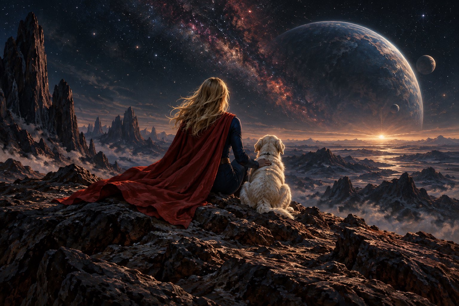 主题插画:披红色披风的金发女子与白犬坐在外星山脊上,眺望星球与银河