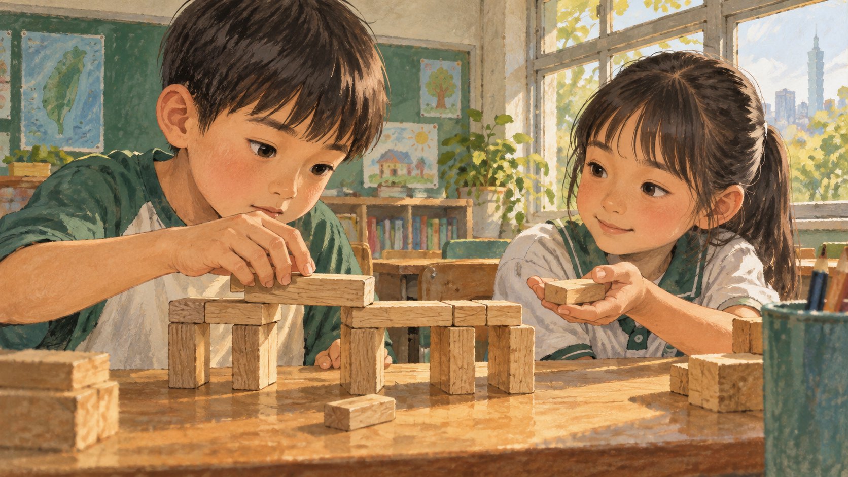 概念插畫:孩子重新搭建積木橋,同伴伸手提供積木,呈現嘗試與互助,非活動實景