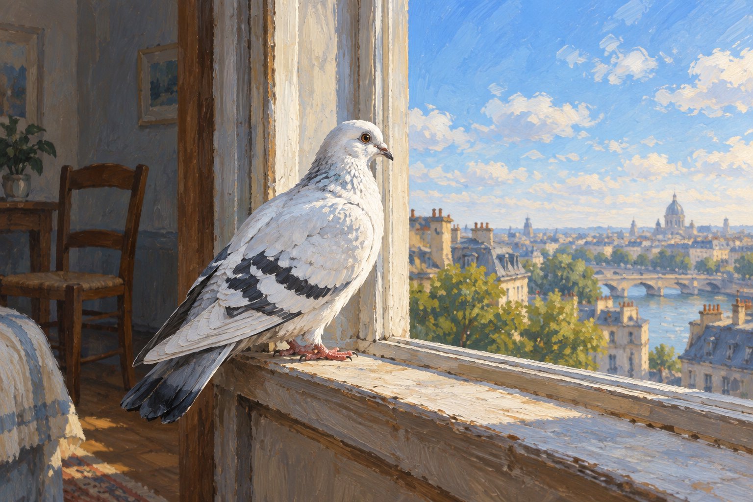 Conceptual illustration of a white pigeon on an open windowsill, with an empty chair inside and a sunlit city beyond.
