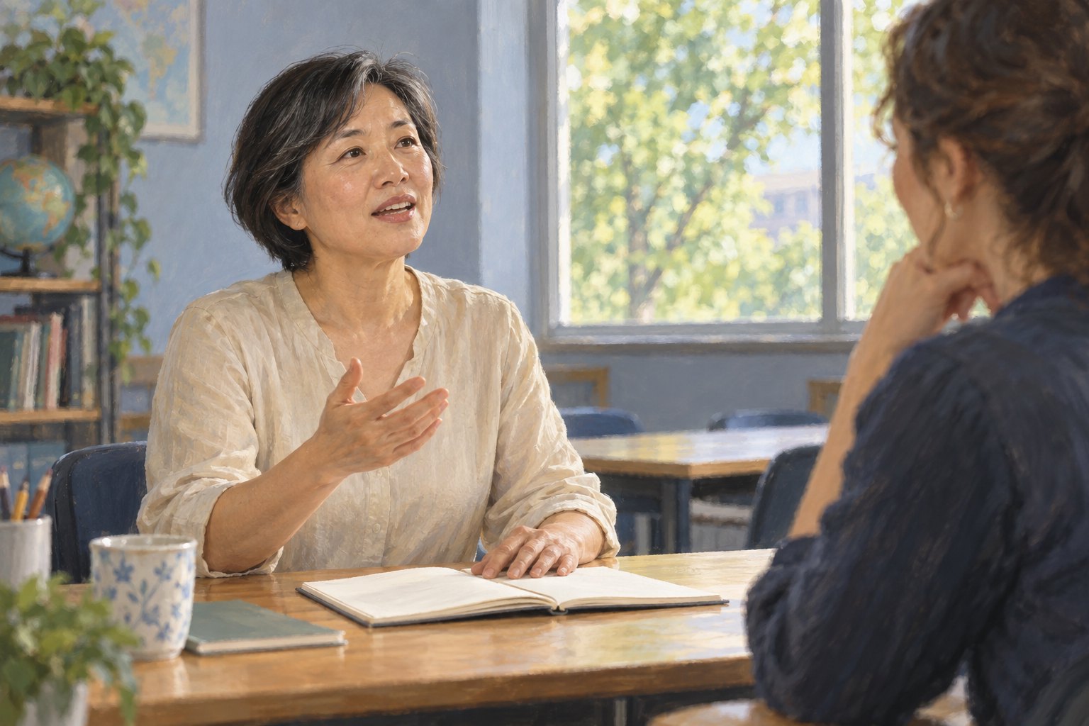主题插画:中年东亚女性坐在明亮的语言教室里,面对倾听者练习表达