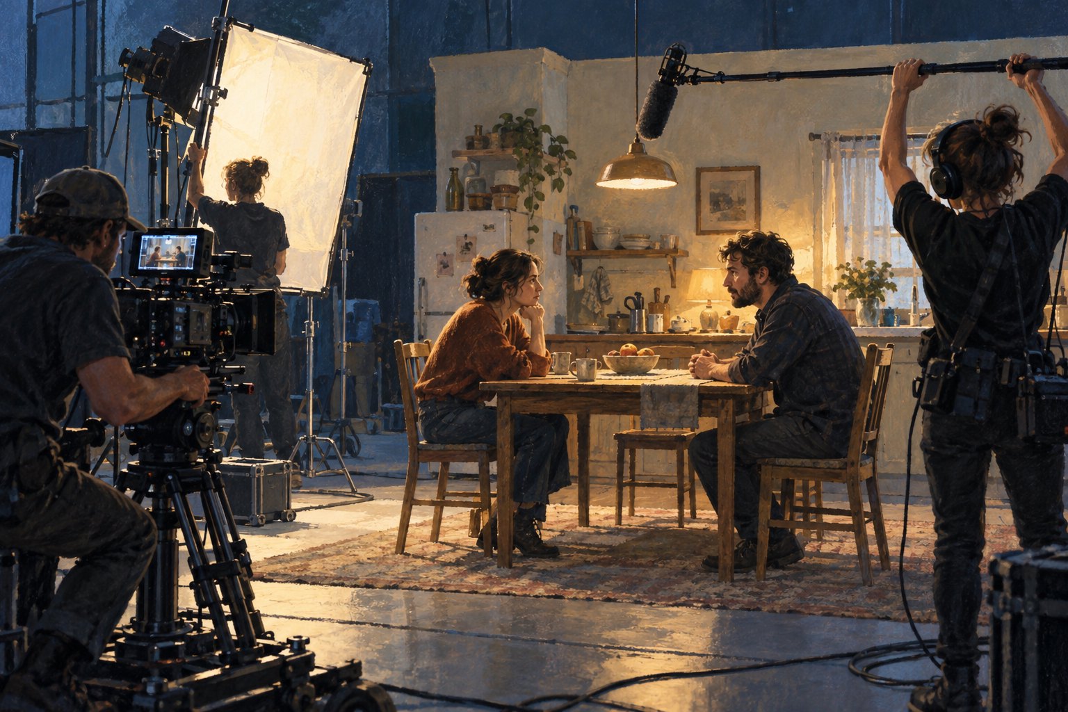 Painted illustration of a film crew using a camera, boom microphone, and lighting equipment to film two performers at a kitchen table.