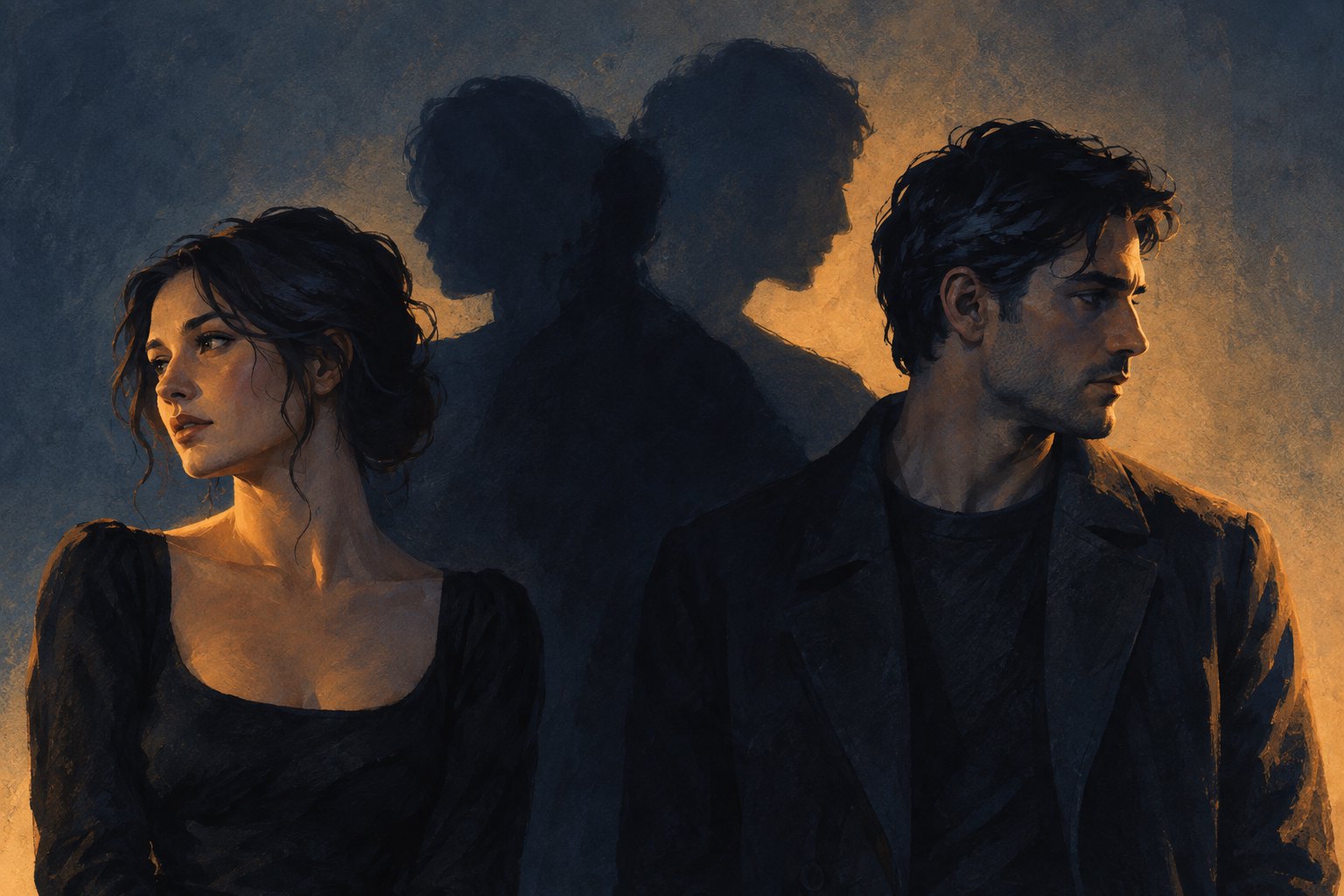 Conceptual illustration of an adult couple looking in opposite directions as their shadows overlap against a blue and amber background.
