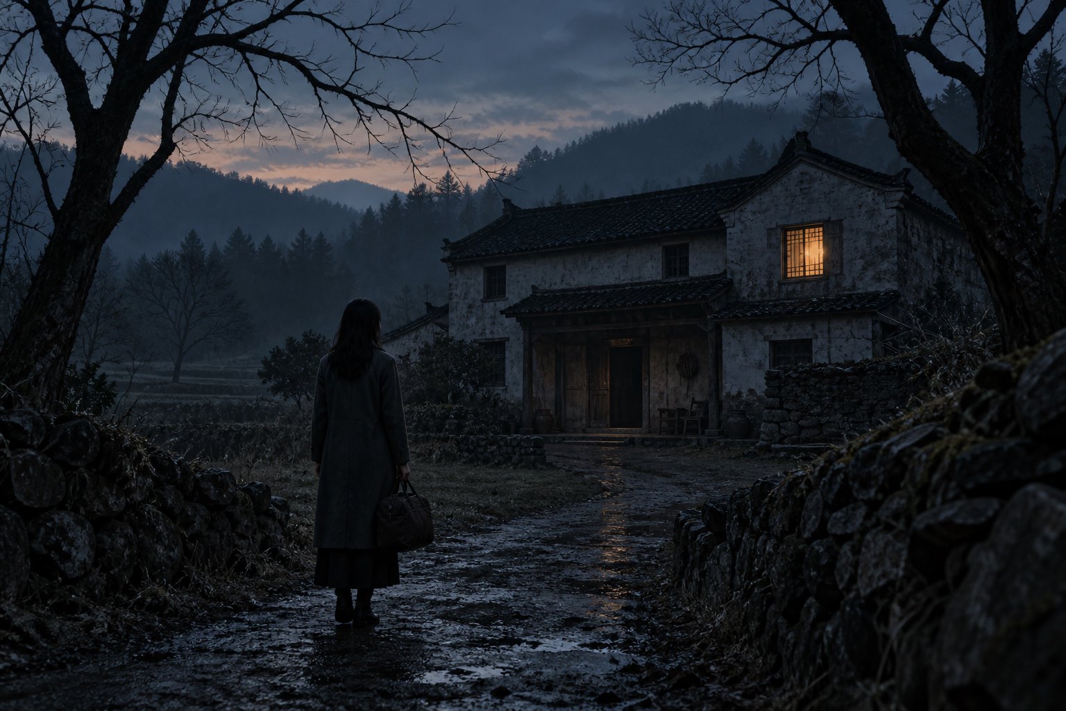 主题意象插画:暮色中,一名提着旅行袋的女性站在偏僻乡宅前,楼上窗户透出暖光