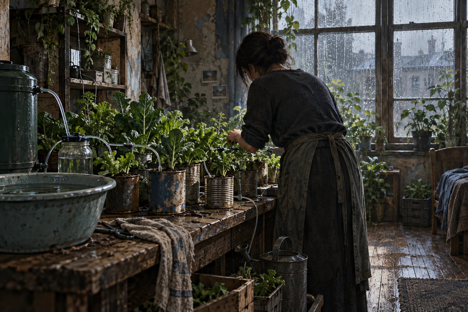 女性在旧住宅内照料盆栽蔬菜,回收容器与简易水管呈现日常求生的主题插画