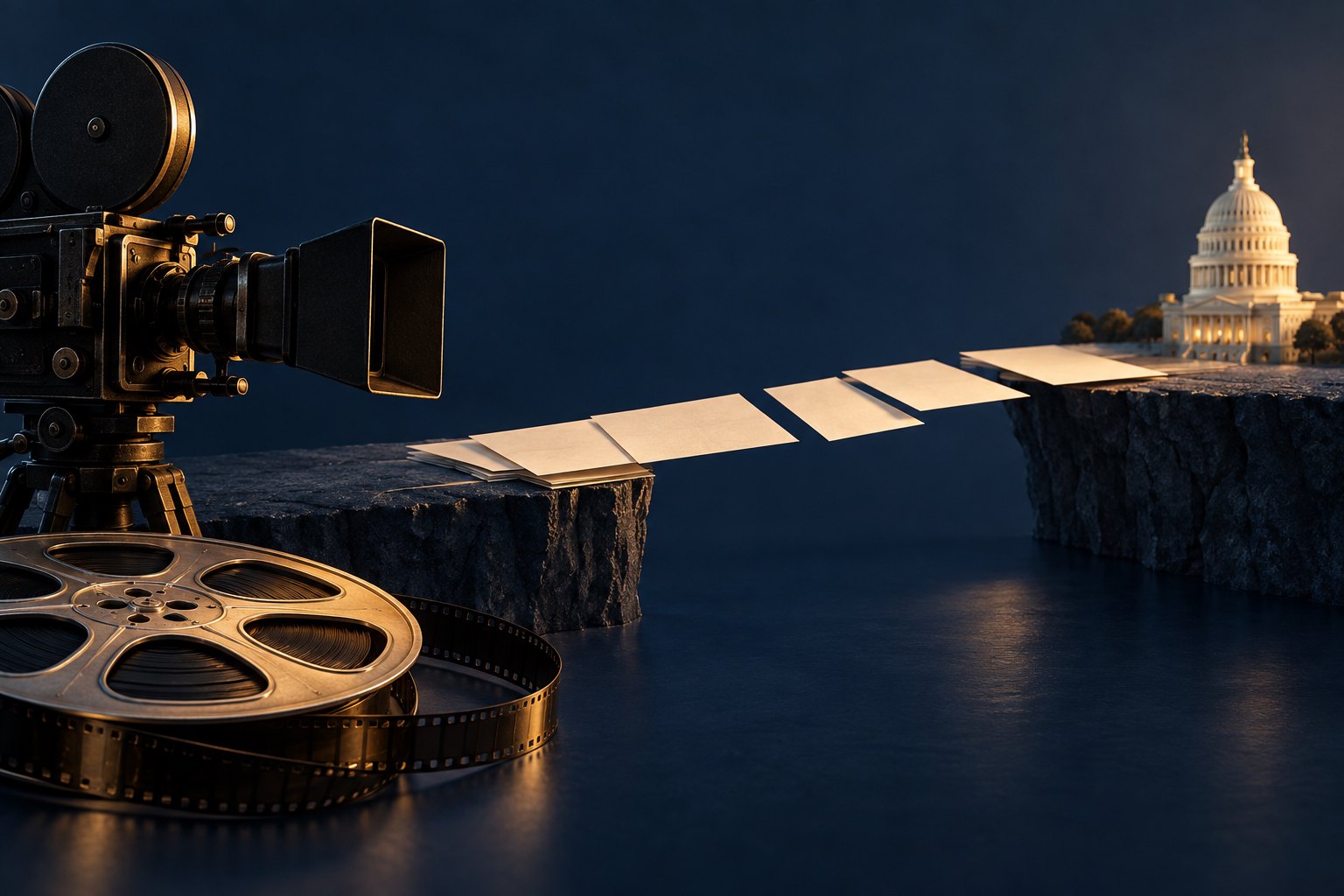 Conceptual illustration of a movie camera and film reel facing the U.S. Capitol across an incomplete bridge of blank paper.