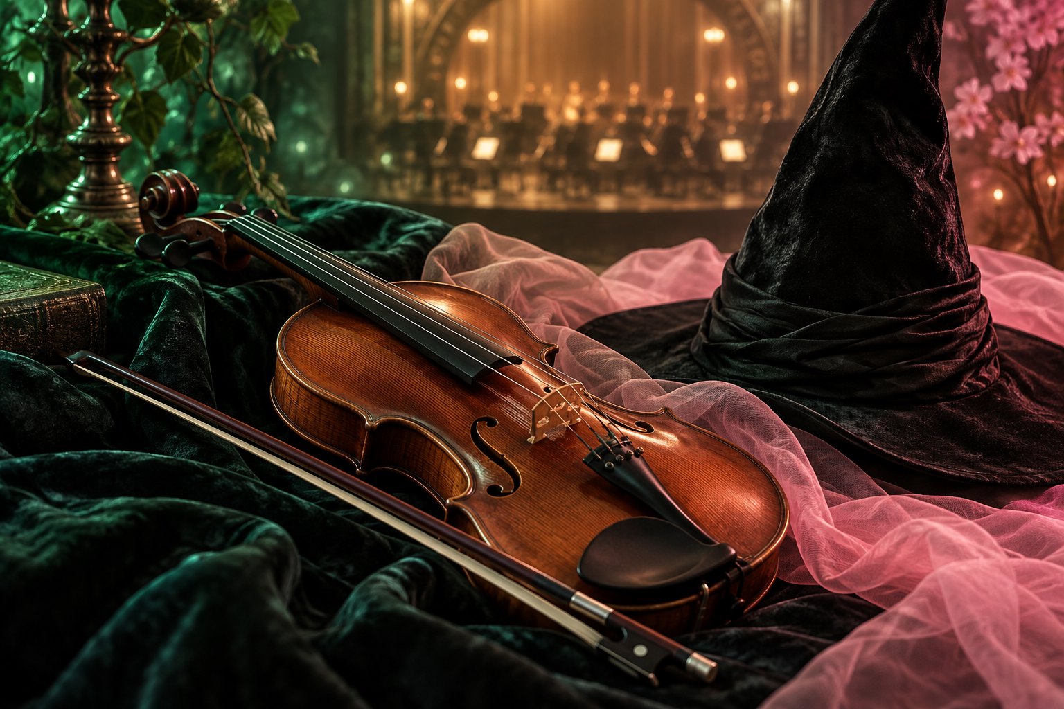 A violin and bow beside a black pointed witch hat and flowing pink fabric in an atmospheric editorial still life.