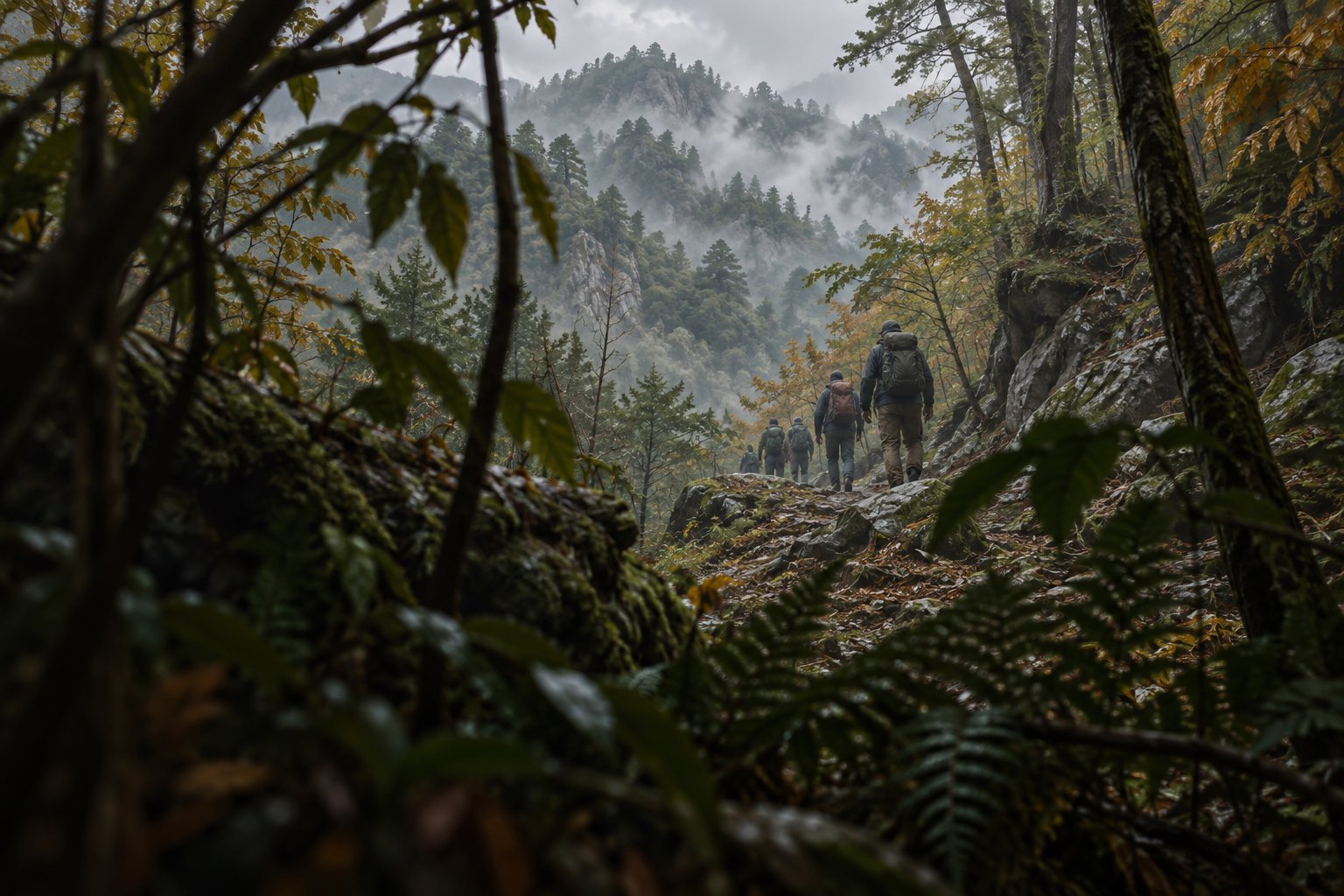 Thematic illustration of distant hikers on a misty mountain trail, viewed through concealing branches.