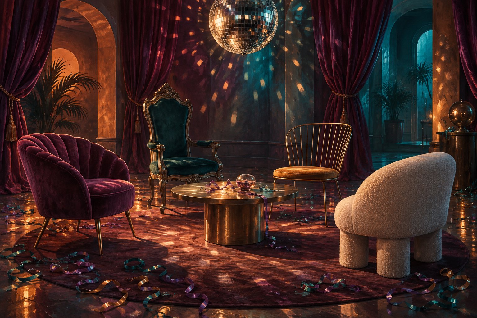 Conceptual illustration of four mismatched chairs around a table in an empty party room beneath a disco ball.