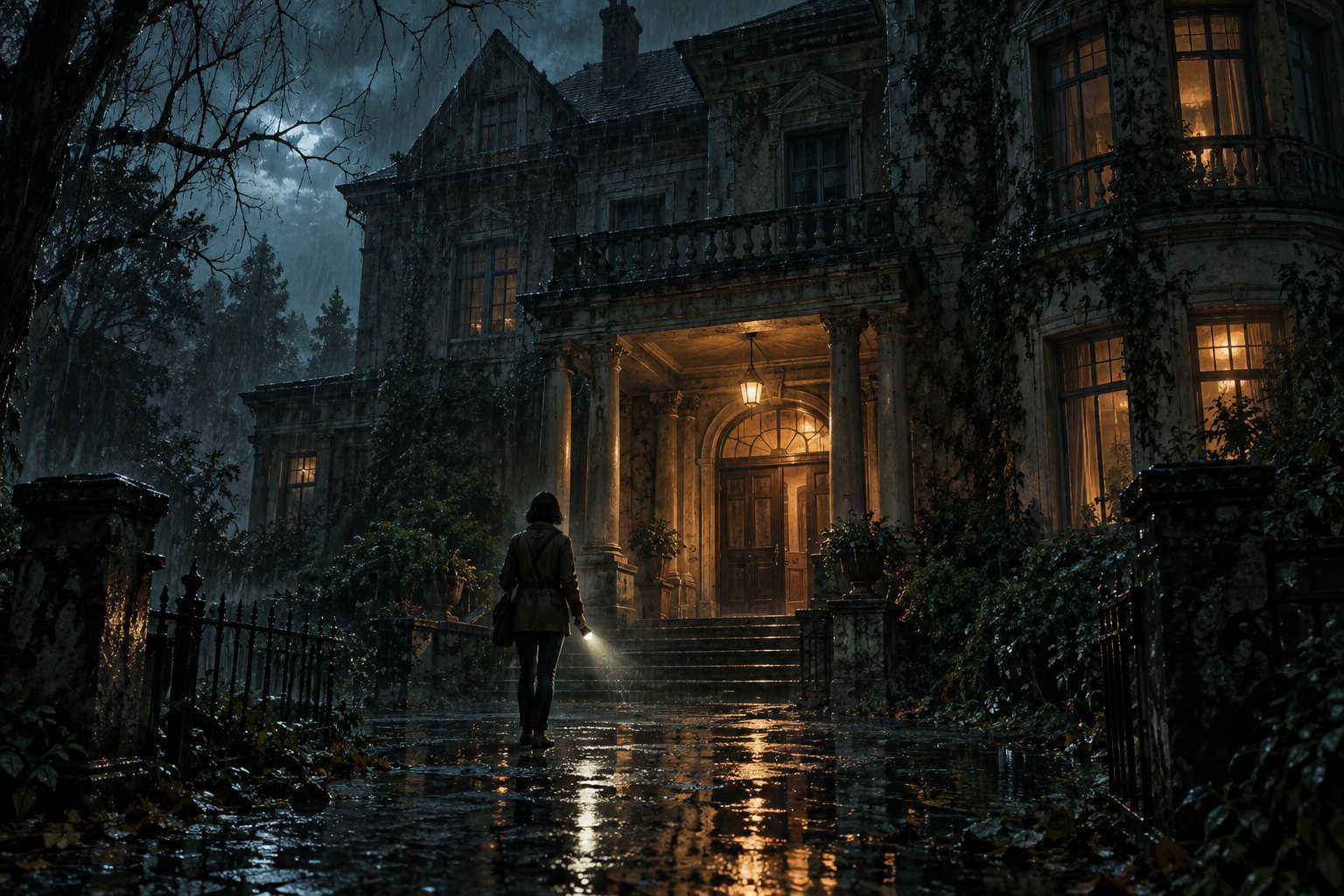 雨夜里,一名女性手持手电站在旧别墅门前的原创概念插画