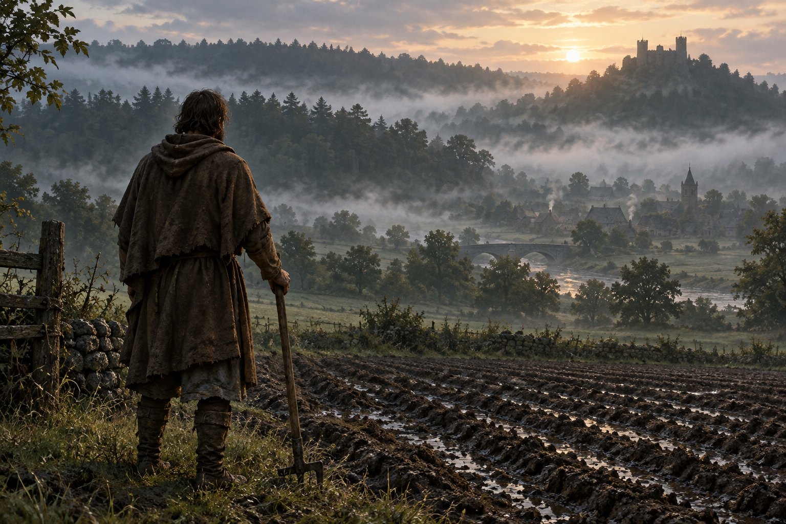 Conceptual illustration of a medieval farmer overlooking a misty valley and distant castle from a muddy field.