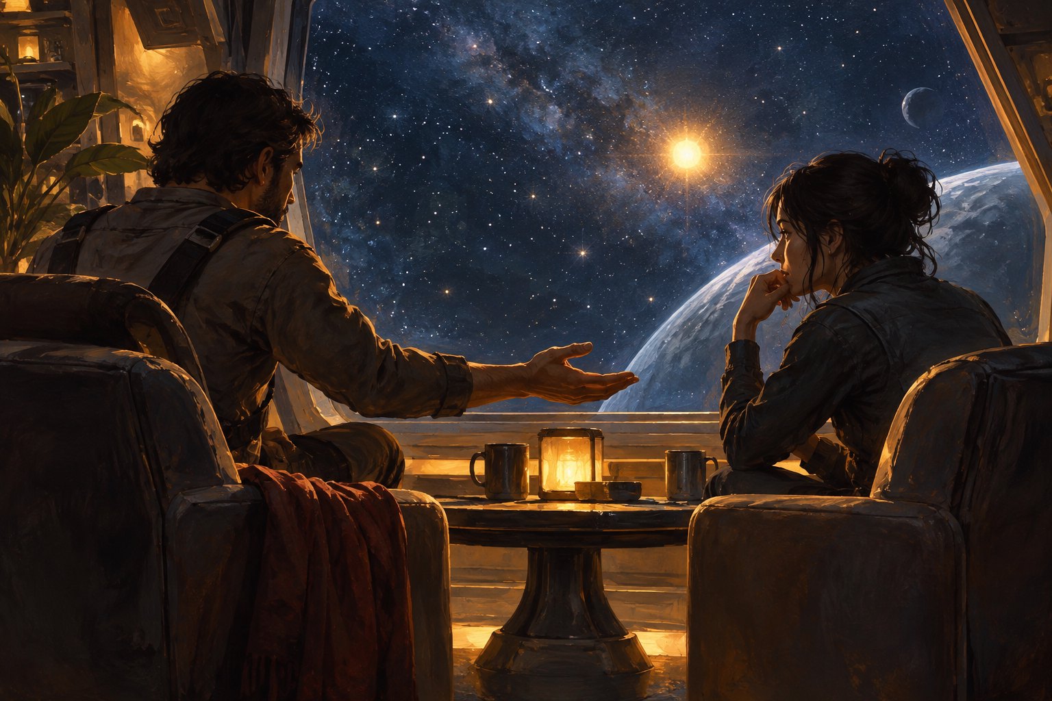 Conceptual illustration of two travelers seated across a table beside a spacecraft window, with one extending an open hand.