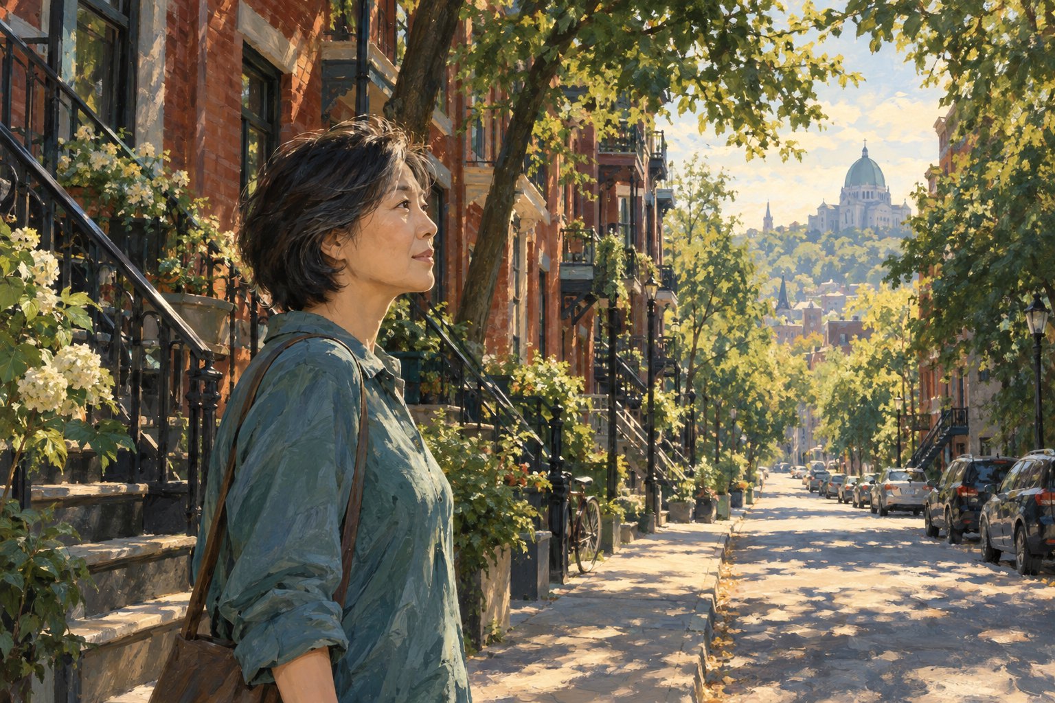 主题插画:一位中年东亚女性站在夏日蒙特利尔的红砖街道旁,望向阳光中的远处