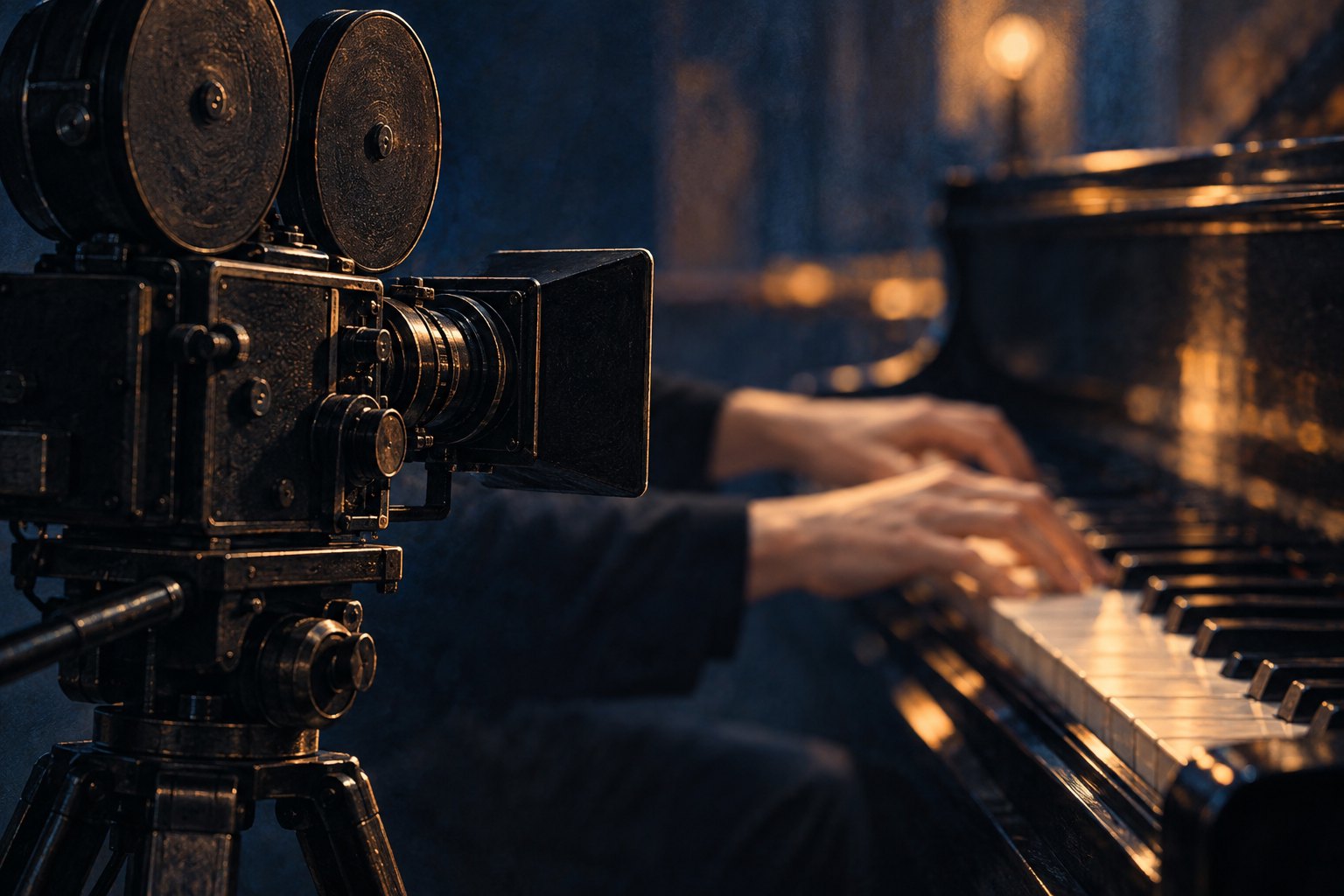 Conceptual illustration of a vintage film camera beside a pianist’s hands, with blue shadows and warm light.