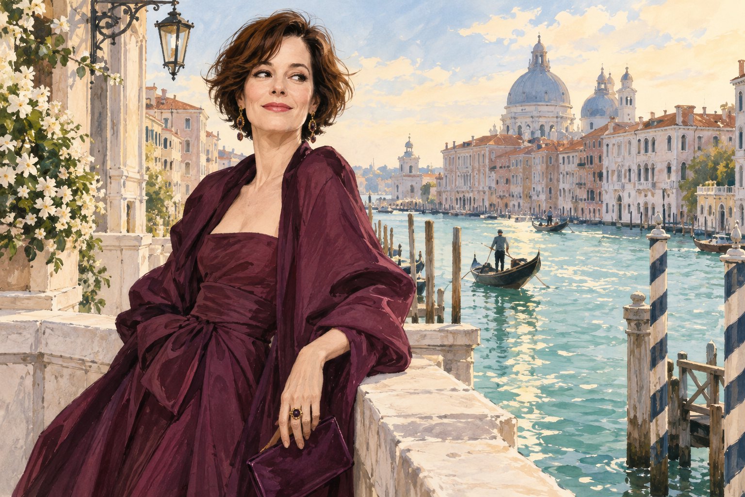 Conceptual illustration of Parker Posey in an imagined plum outfit beside a sunlit Venetian canal.