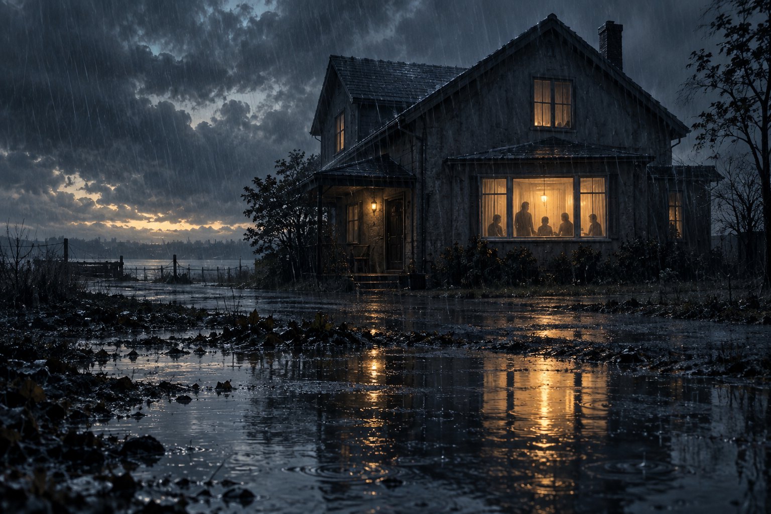 暴雨中的独栋住宅透出暖光,窗后人影与门前积水构成孤立氛围的主题插画