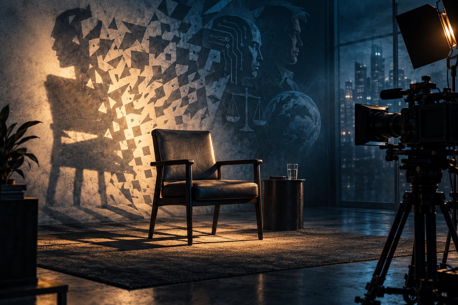 Conceptual illustration of an empty interview chair facing a camera beneath fragmented human silhouettes on a wall.