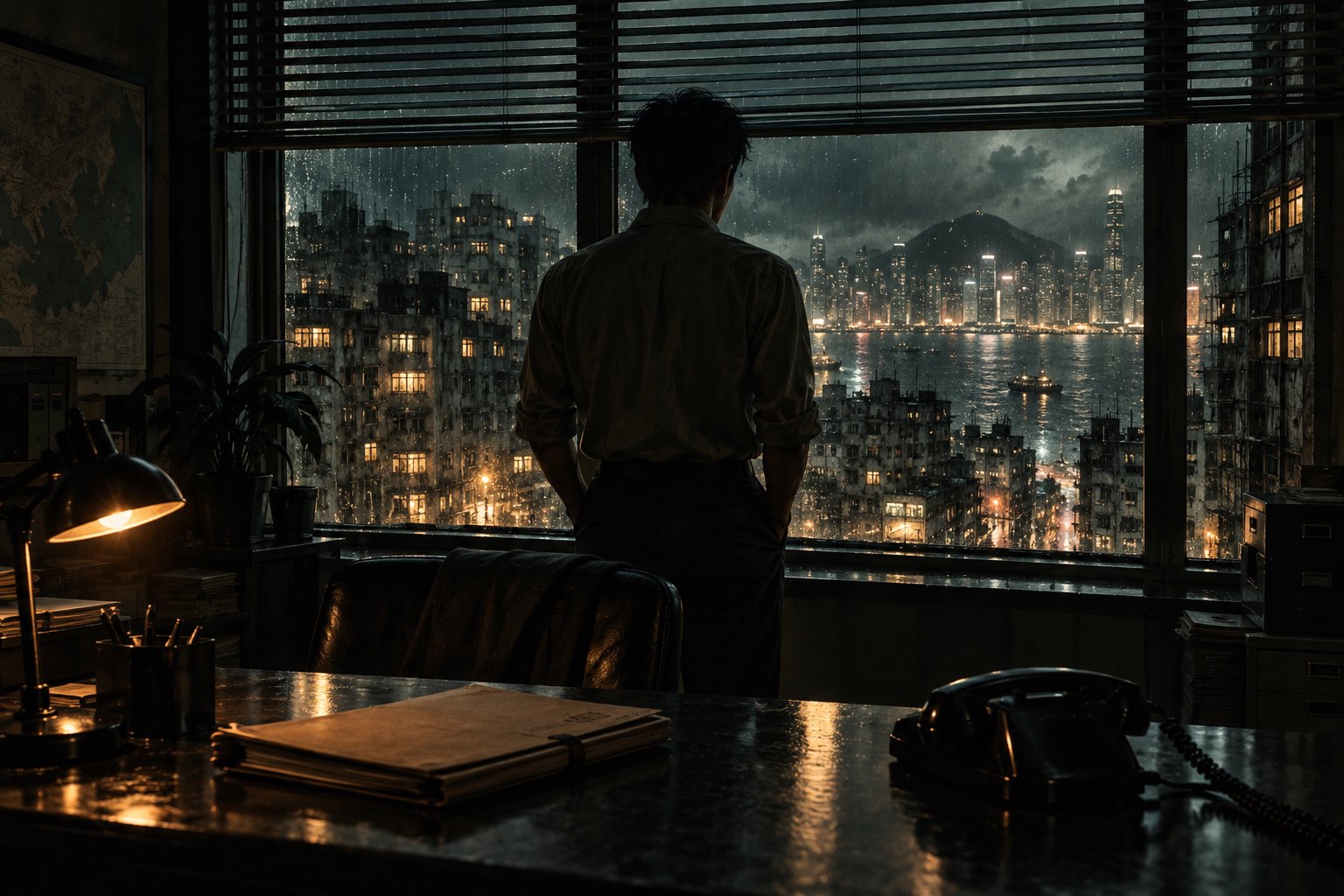 原创主题插画:男子背对观众站在百叶窗前,望向雨夜香港,前景桌上摆着档案夹和有线电话