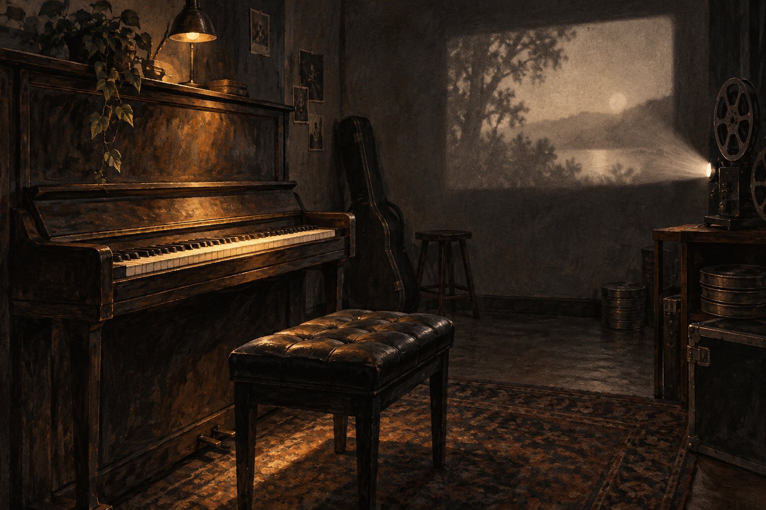 Conceptual illustration of an upright piano and empty bench beside a film projector in a warmly lit room.