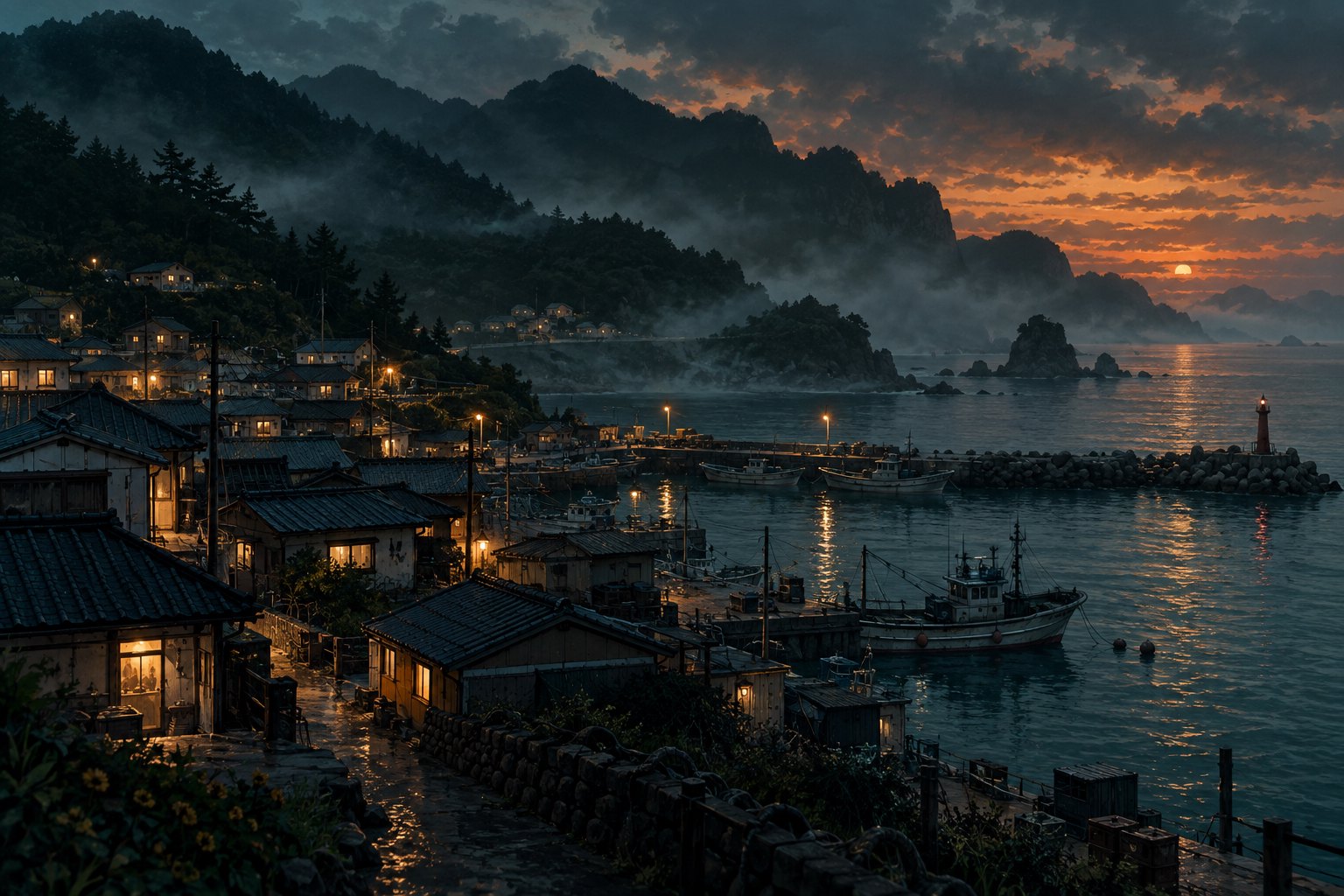 Thematic illustration of a remote Korean coastal village beneath misty wooded mountains at dusk.