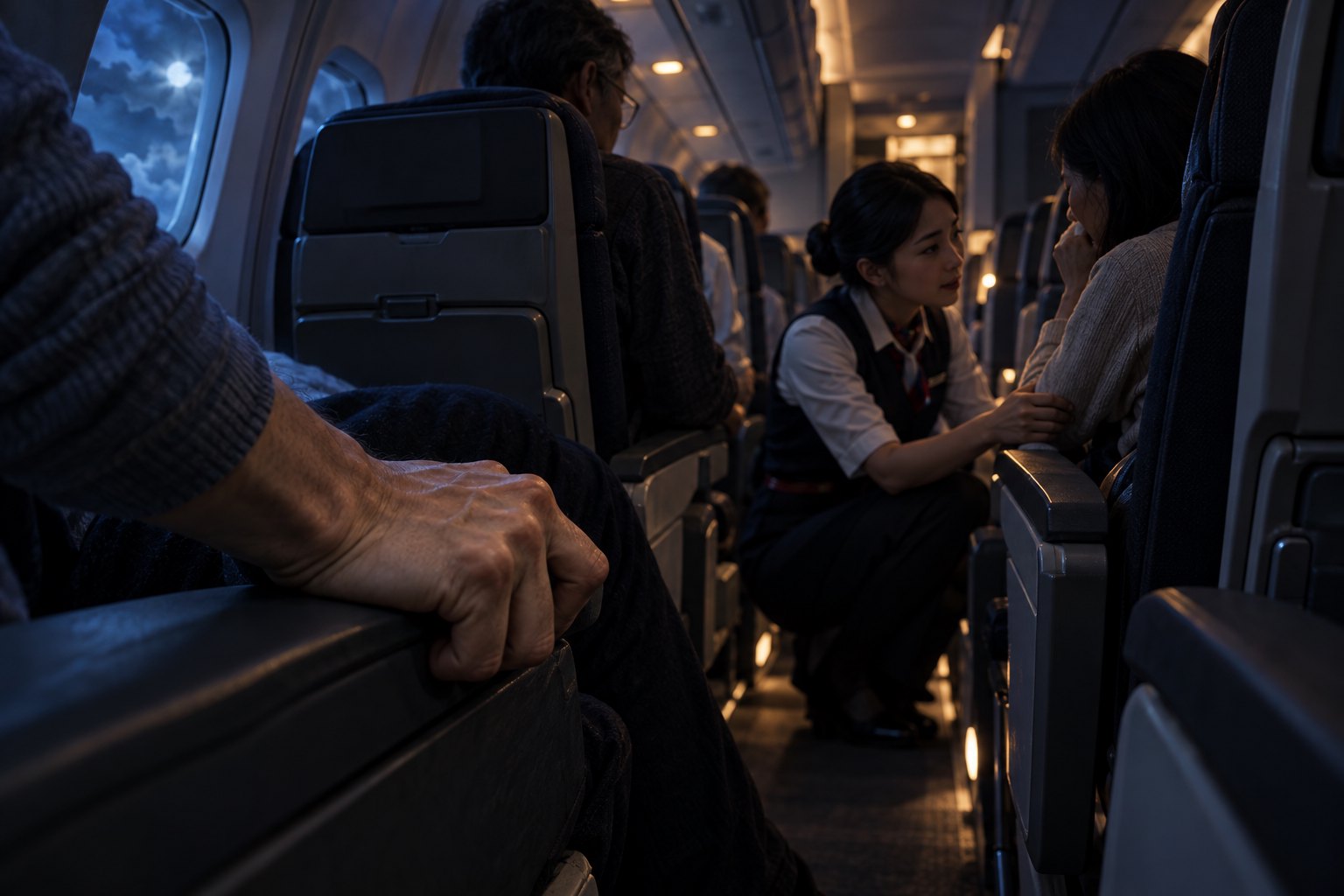 昏暗客舱里乘客紧握扶手,空乘蹲下安抚另一名乘客的原创概念插画,非电影剧照