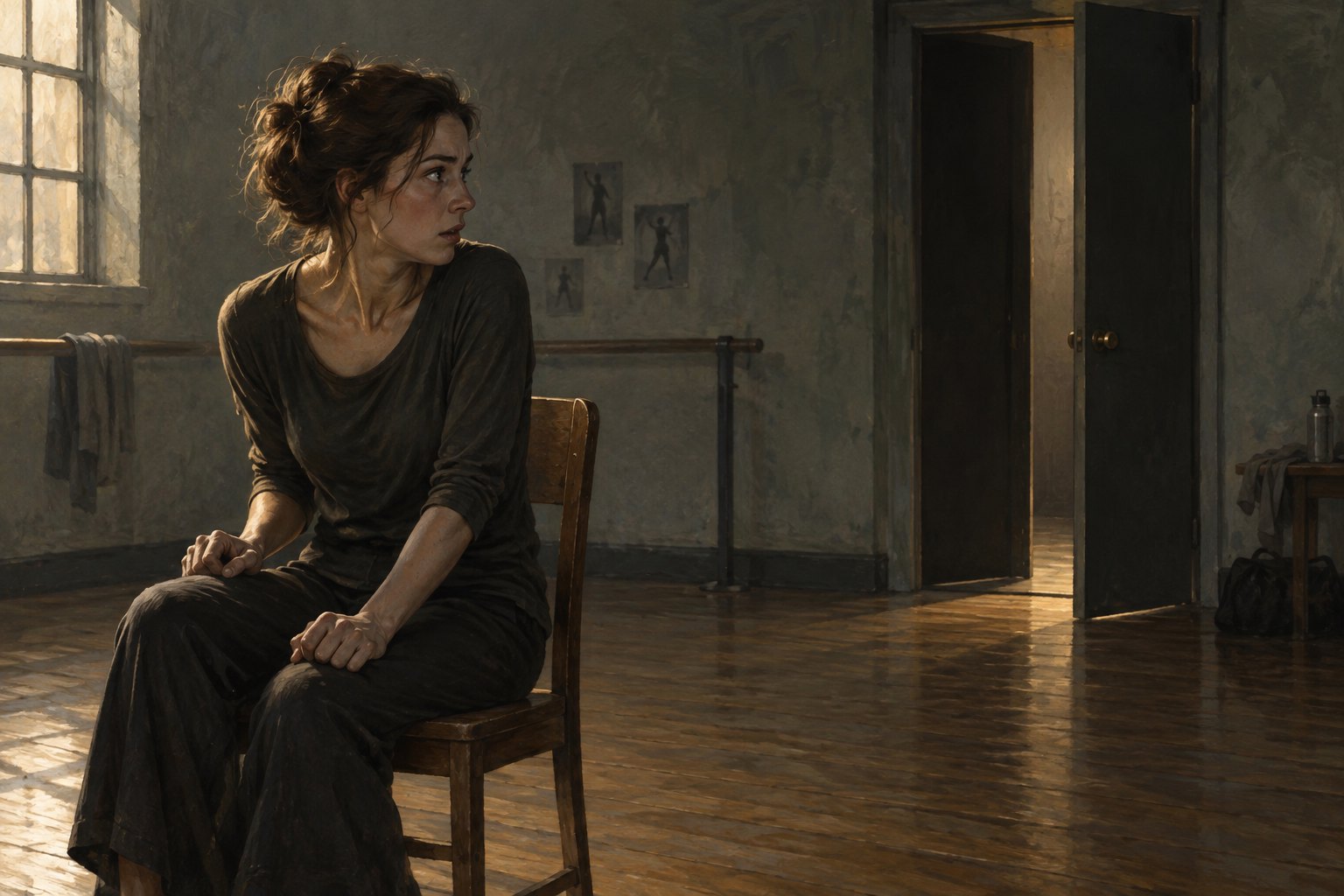 Conceptual illustration of an anonymous woman seated in a rehearsal studio, watching a dim doorway with tense attention.