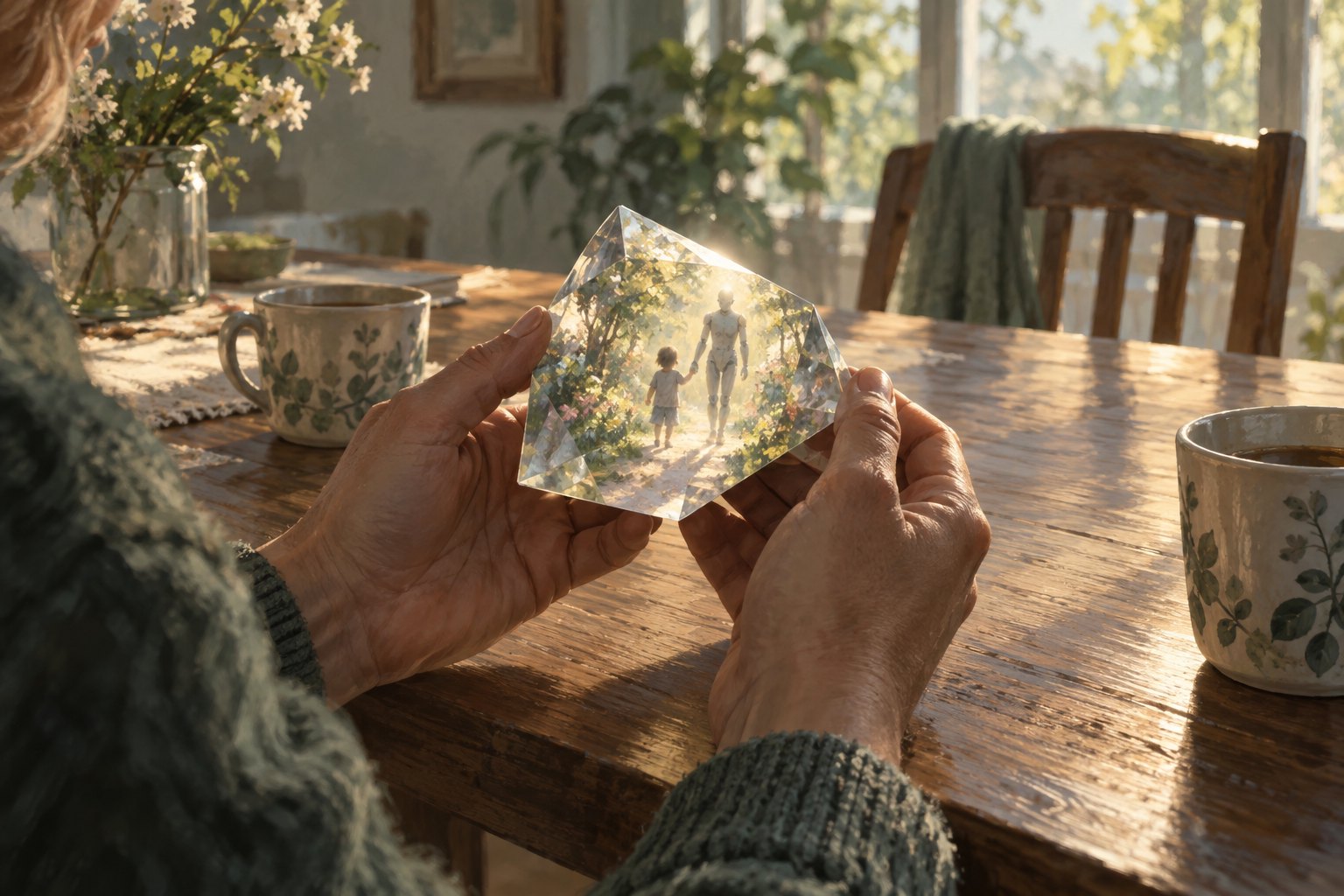 Hands hold a translucent prism showing a child and an artificial companion in a garden above a sunlit table with two cups.