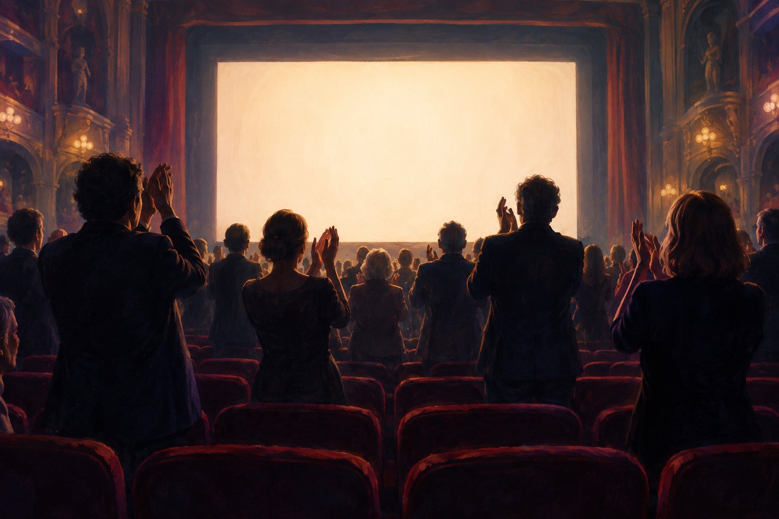 Conceptual illustration of a standing cinema audience applauding toward a glowing blank screen.