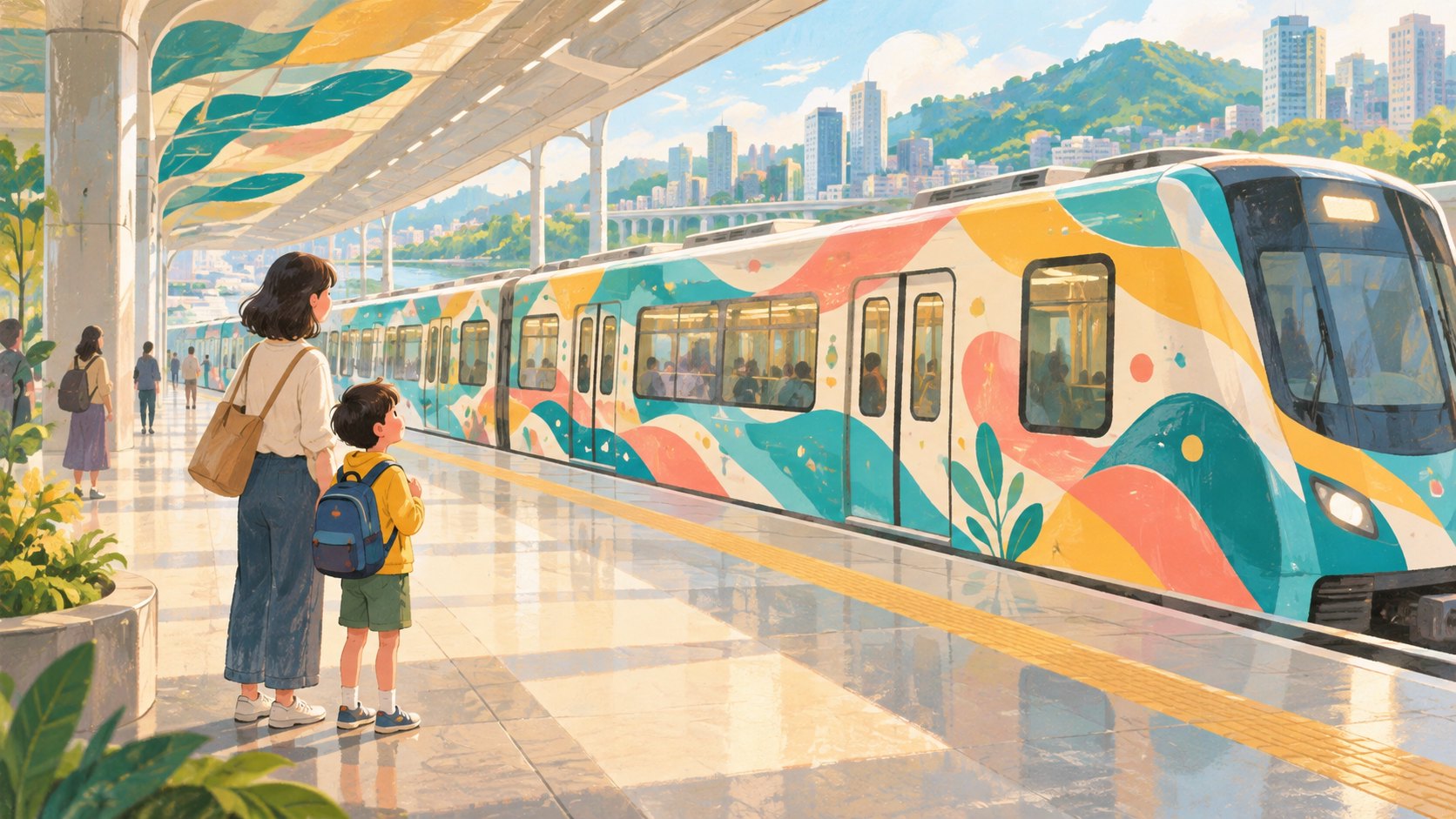 家長與孩子在月台欣賞繽紛列車的橫式概念插畫,非活動現場。