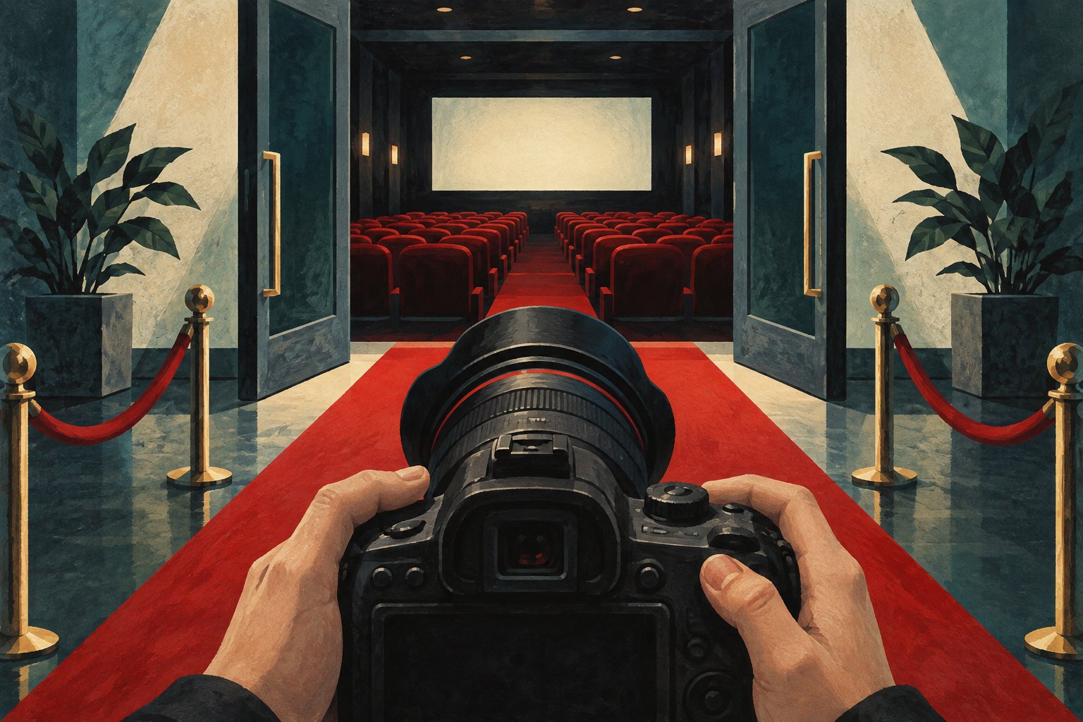 Conceptual illustration of a camera facing a red carpet that leads into a cinema with red seats and a glowing screen.