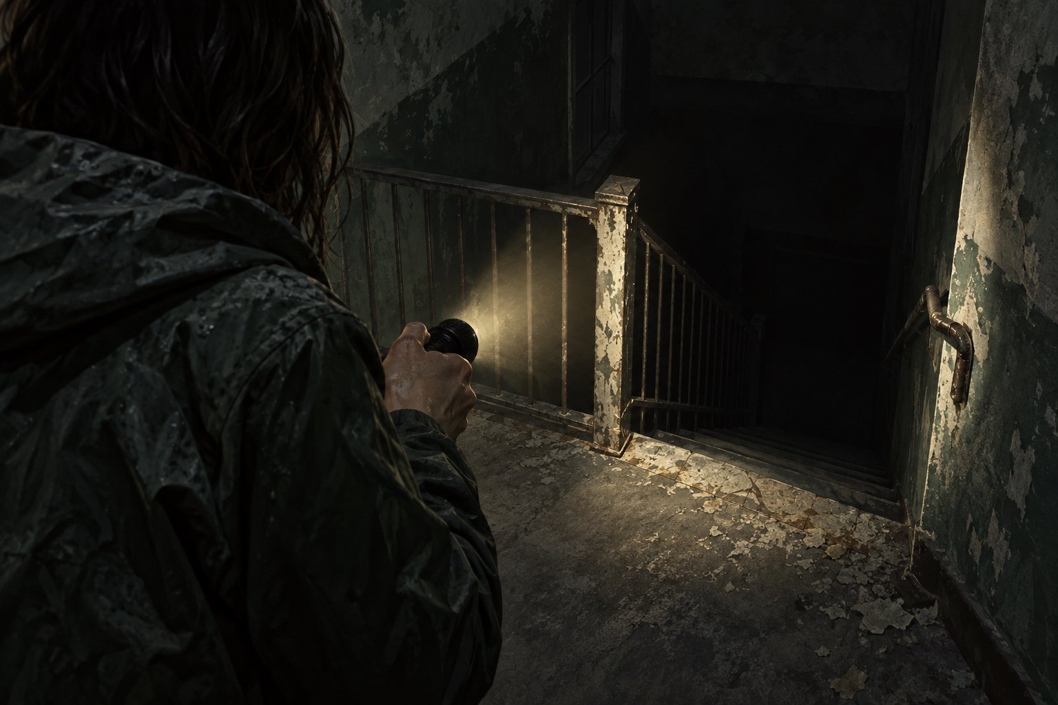 Conceptual illustration of an anonymous figure shining a flashlight into a dark, deteriorating stairwell.