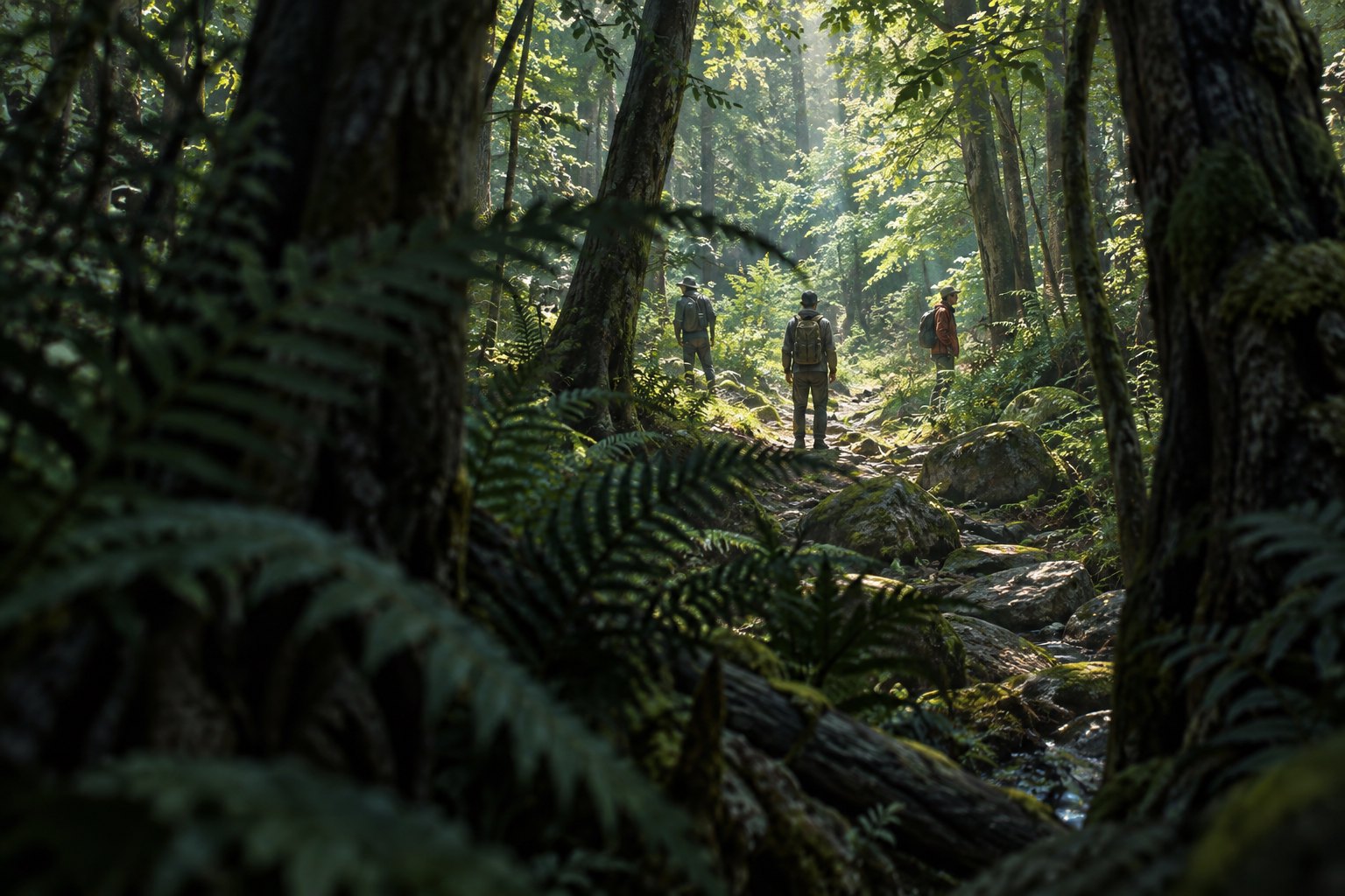 Concept illustration of three distant hikers on a sunlit forest path, viewed through shadowed trees and ferns.