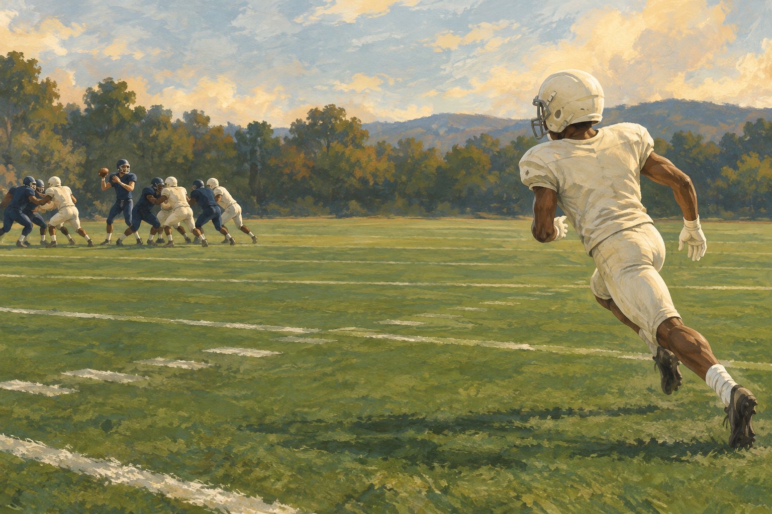 Conceptual illustration of a receiver moving through open space while other football players cluster in the distance.