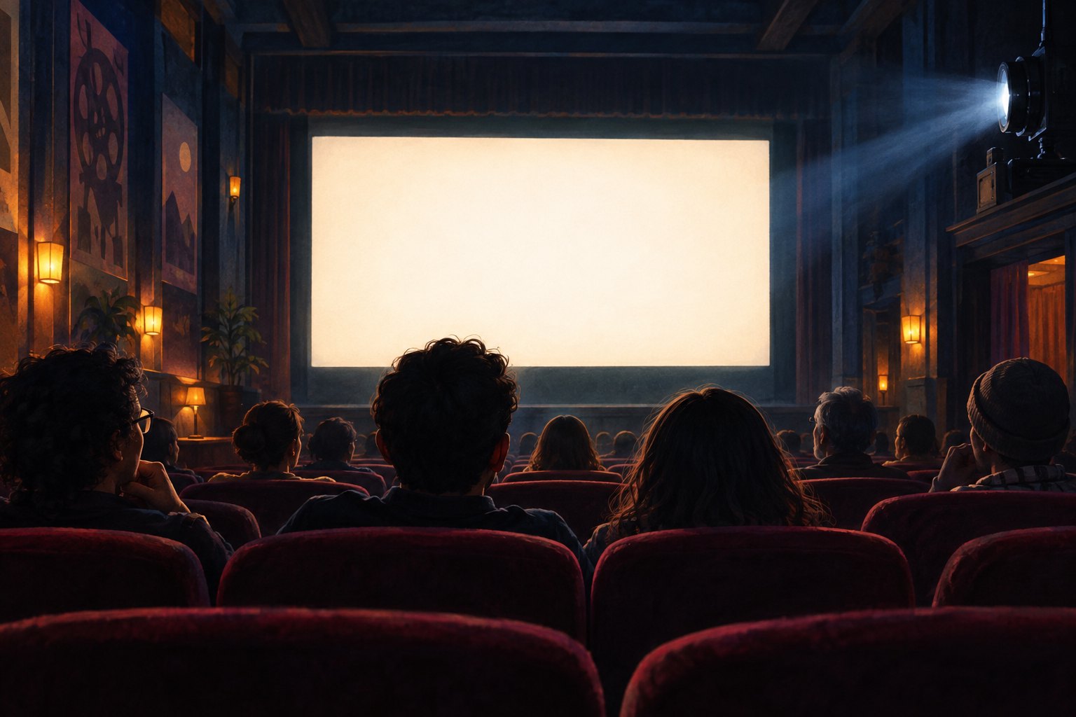 An illustration of audience members seated in a dim movie theater facing a softly illuminated blank screen.