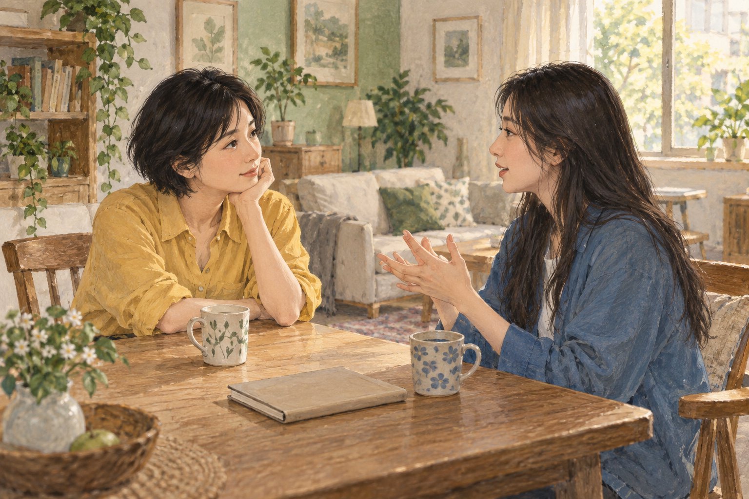两位女性朋友在阳光照进的小客厅里面对面倾听交谈,友情主题原创意象插画