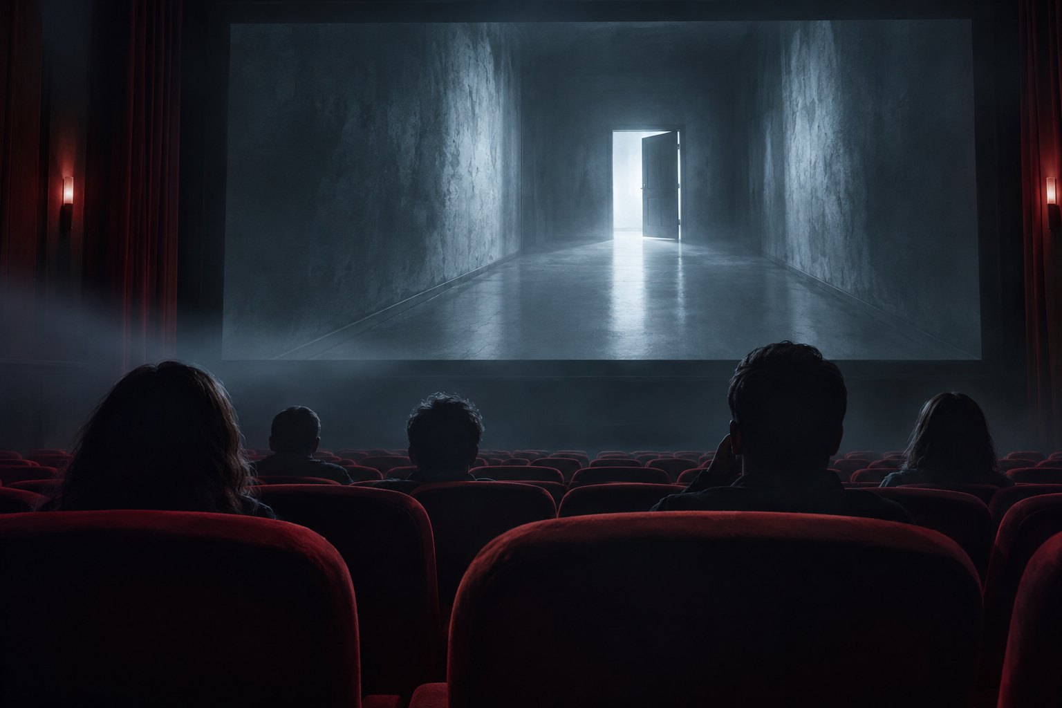 Conceptual illustration of viewers in a dark cinema watching an empty corridor with an illuminated doorway.