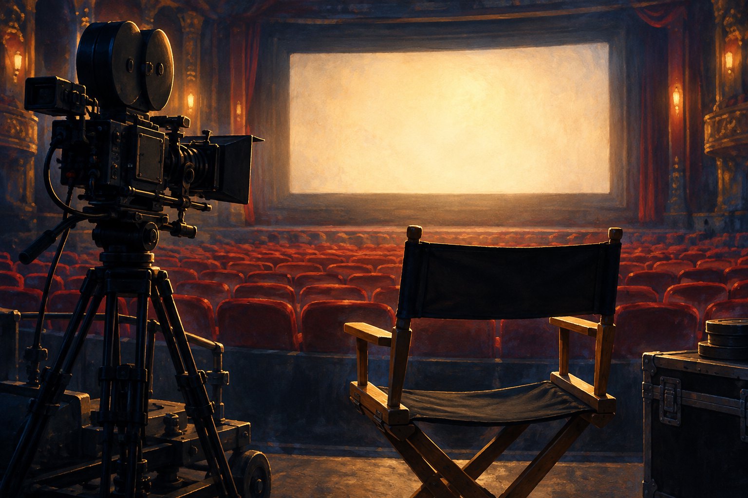 Editorial illustration of an empty director’s chair and movie camera facing a glowing screen in a red-seated theater.