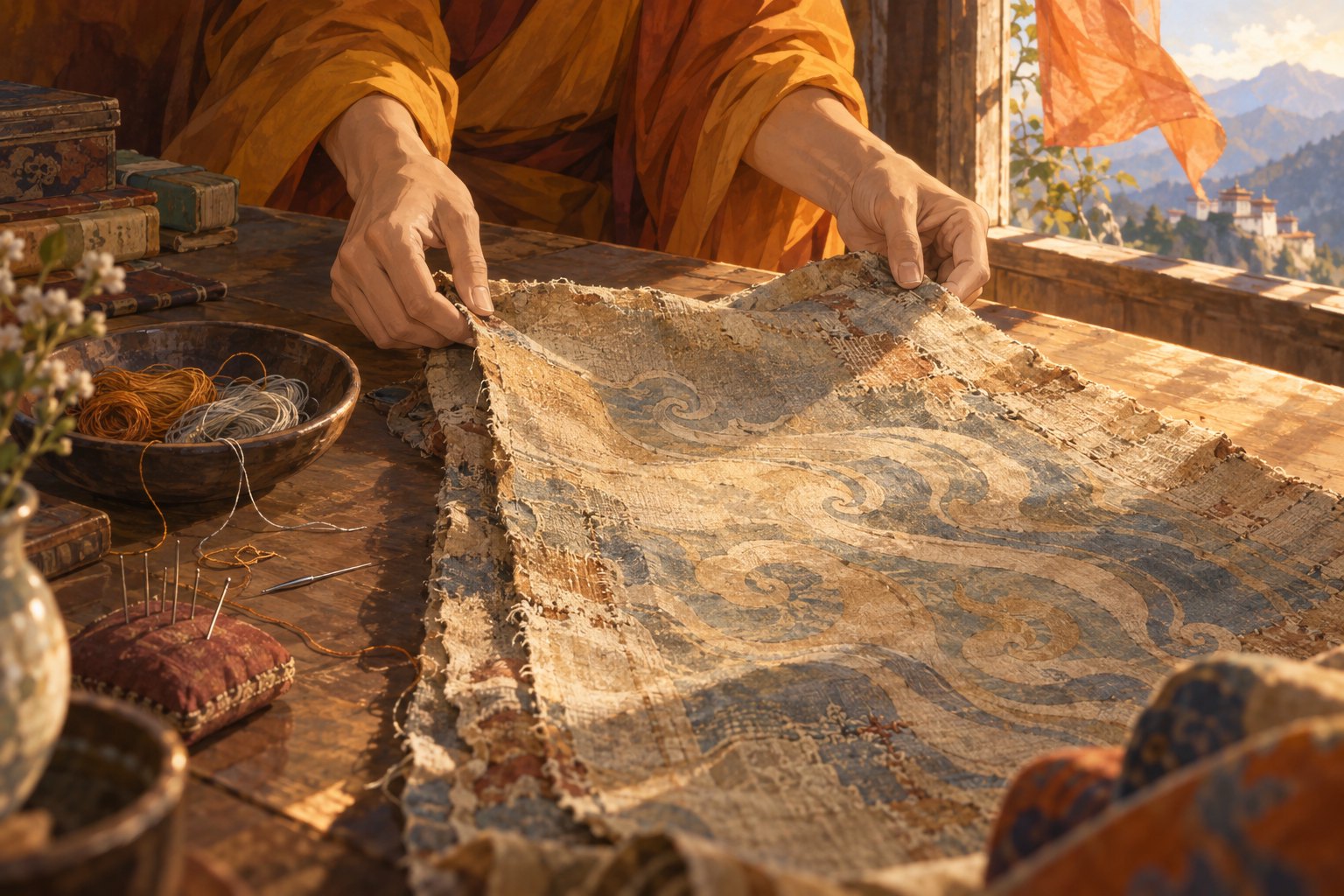 橙衣人物在窗边展开风纹旧织物的传承主题插画,非电影剧照